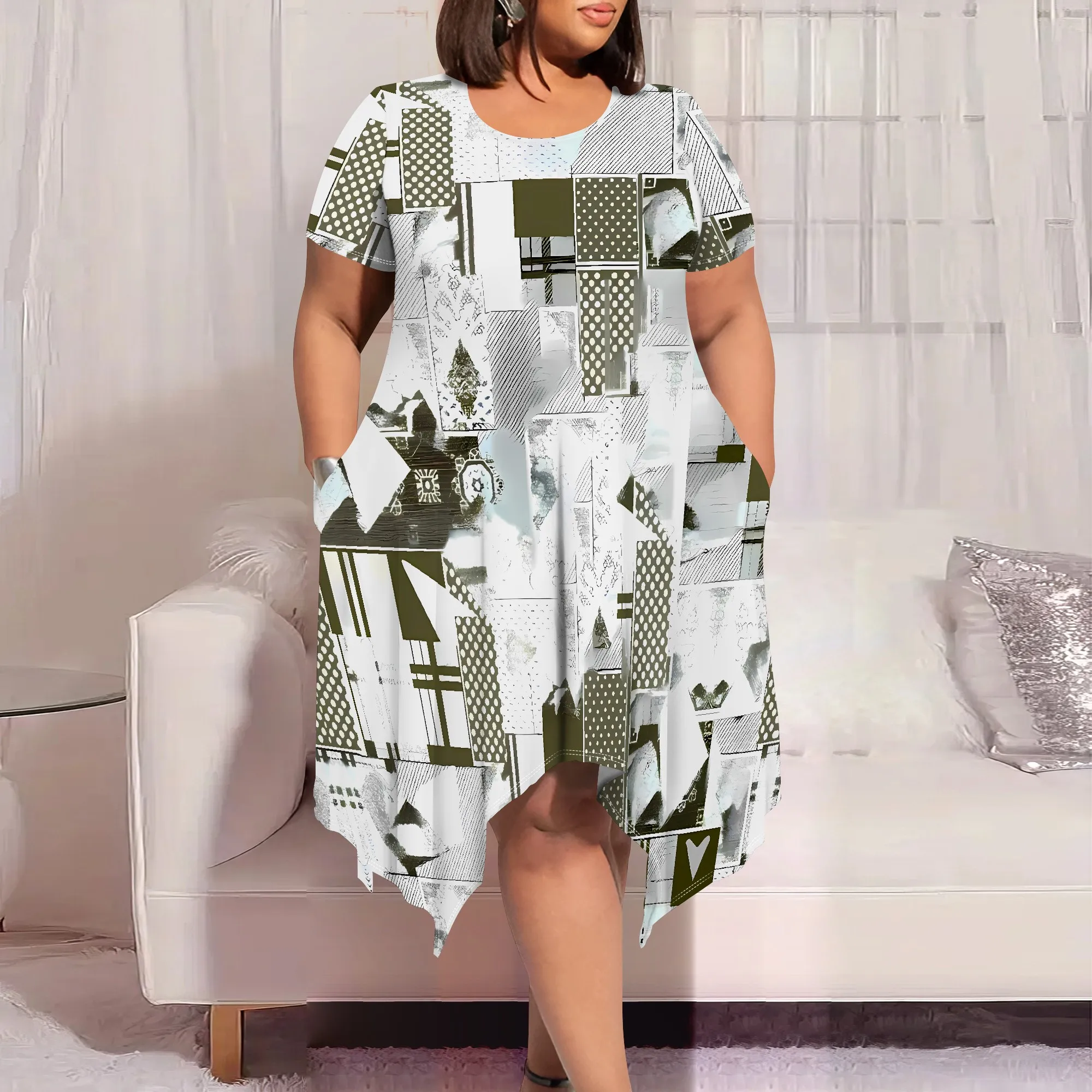 Eclectic Patchwork Abstract Round-Neck Short-Sleeve Dress - Women's Modern Artsy Casual Party Workwear Summer Eclectic Patchwork Abstract Round-Neck Short-Sleeve Dress - Women's Modern Artsy Casual Party Workwear Summer