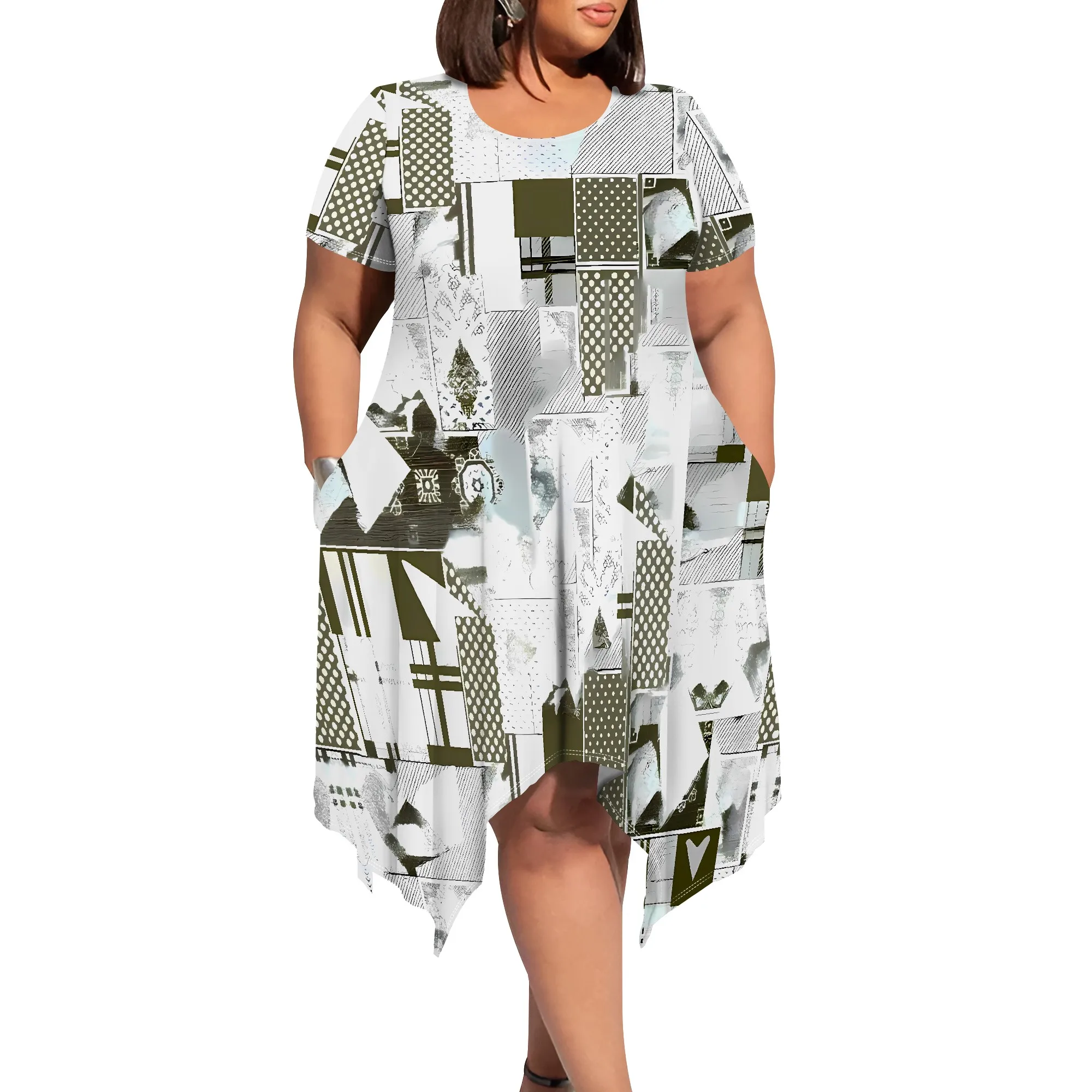 Eclectic Patchwork Abstract Round-Neck Short-Sleeve Dress - Women's Modern Artsy Casual Party Workwear Summer Eclectic Patchwork Abstract Round-Neck Short-Sleeve Dress - Women's Modern Artsy Casual Party Workwear Summer