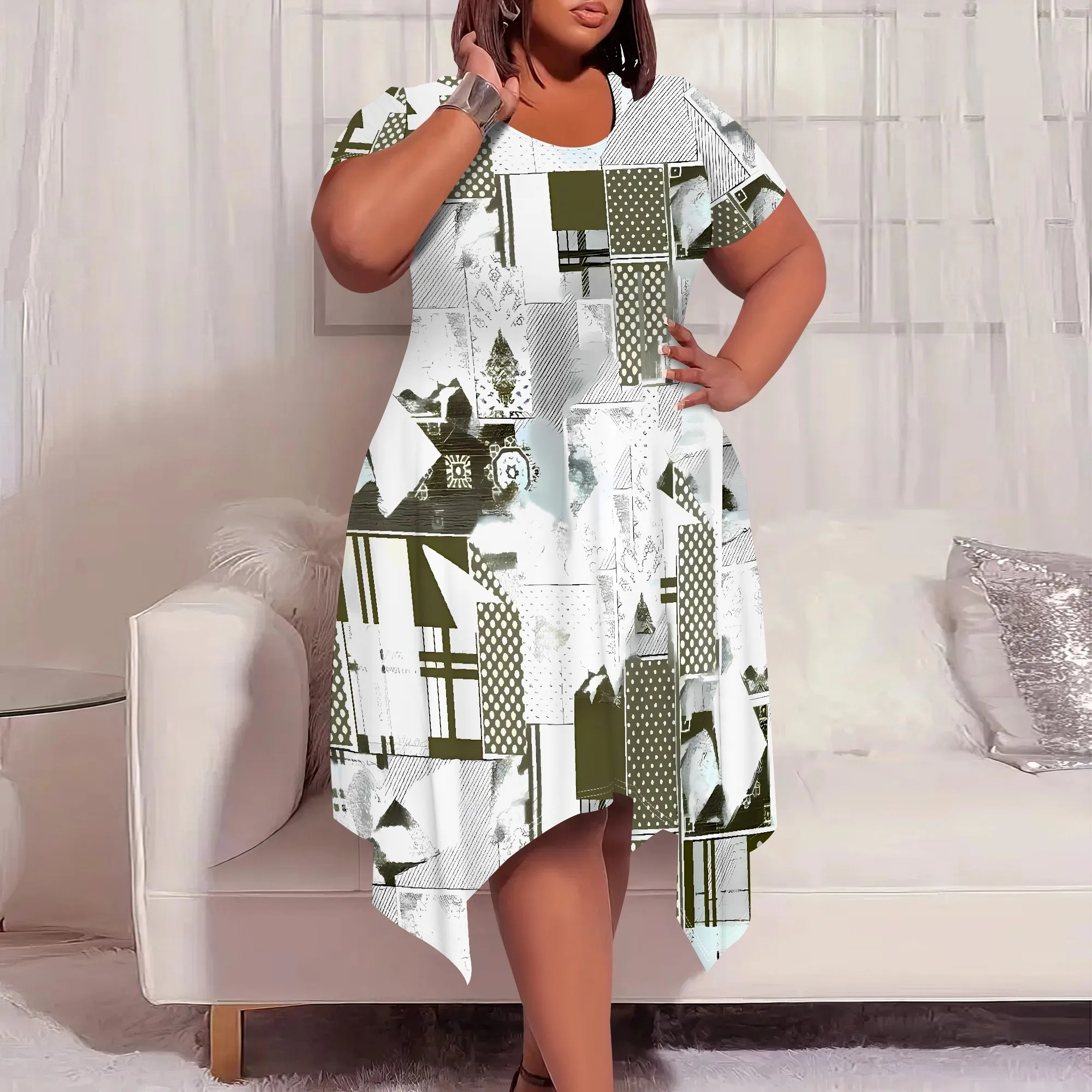 Eclectic Patchwork Abstract Round-Neck Short-Sleeve Dress - Women's Modern Artsy Casual Party Workwear Summer Eclectic Patchwork Abstract Round-Neck Short-Sleeve Dress - Women's Modern Artsy Casual Party Workwear Summer