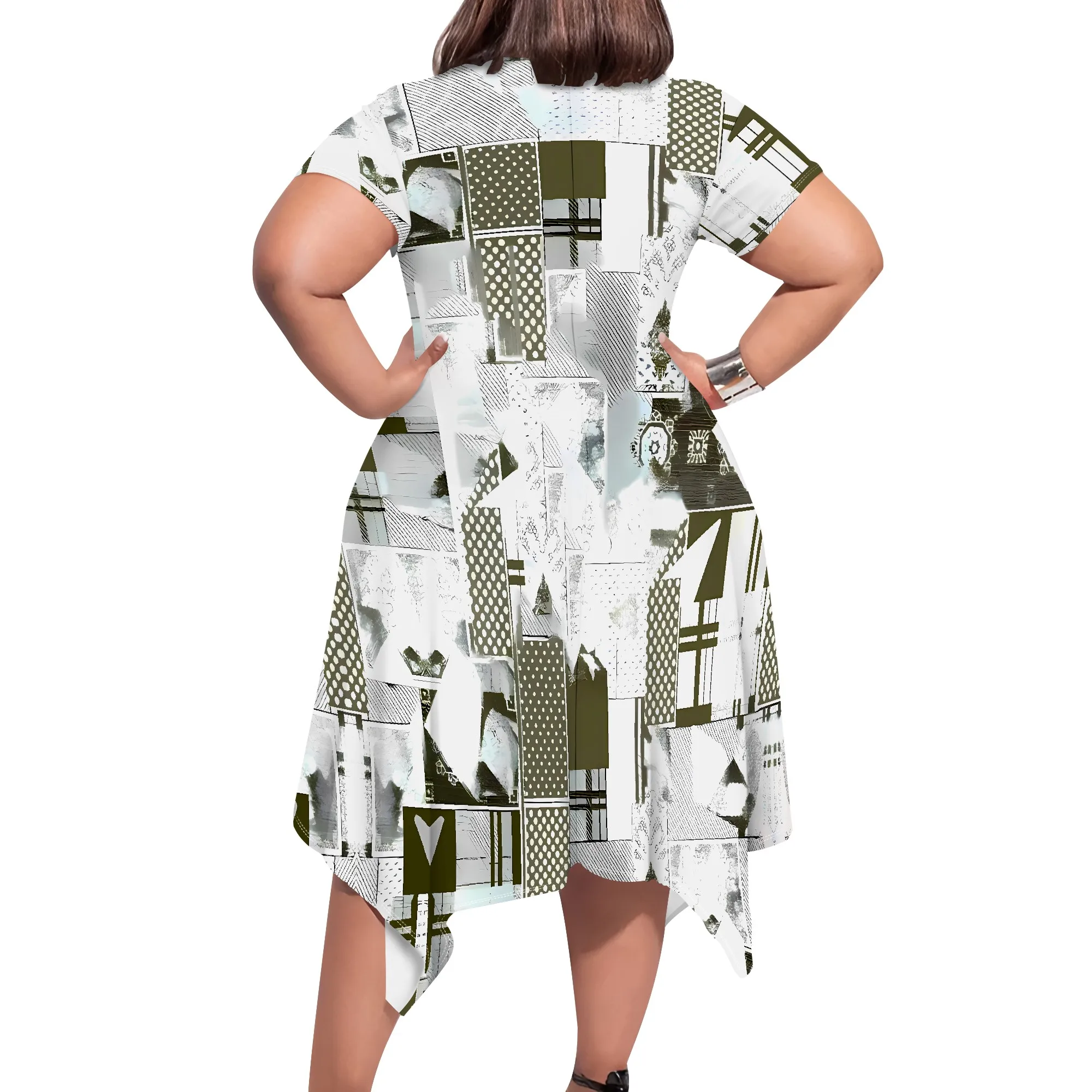 Eclectic Patchwork Abstract Round-Neck Short-Sleeve Dress - Women's Modern Artsy Casual Party Workwear Summer Eclectic Patchwork Abstract Round-Neck Short-Sleeve Dress - Women's Modern Artsy Casual Party Workwear Summer