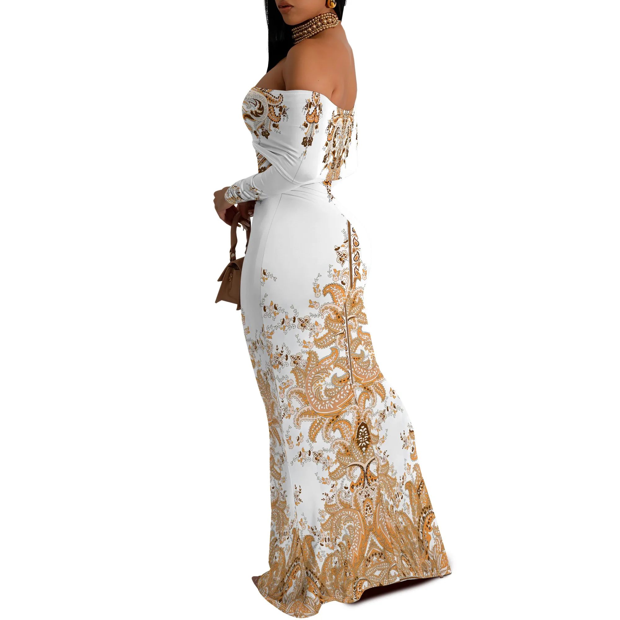 Yellow Green Gradient Off Shoulder Maxi Dress Long Sleeve Bodycon Holiday Dress for Summer Travel