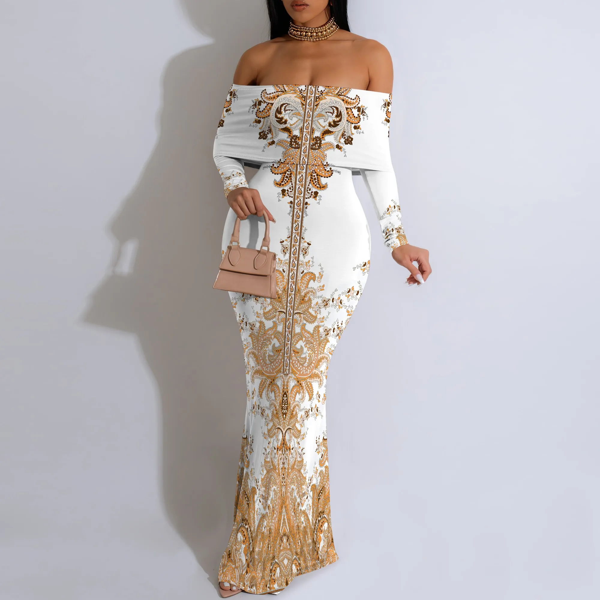 Yellow Green Gradient Off Shoulder Maxi Dress Long Sleeve Bodycon Holiday Dress for Summer Travel