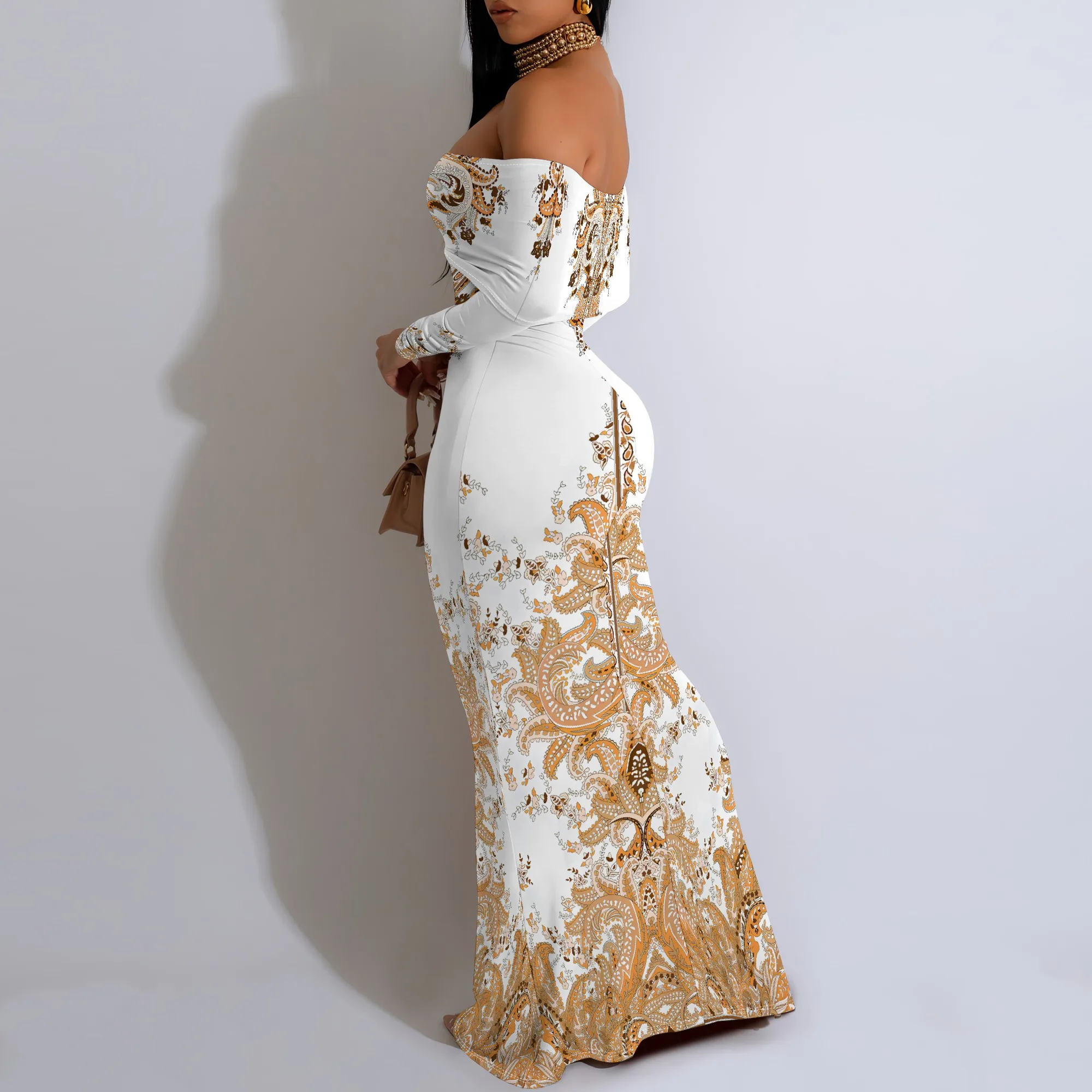 Yellow Green Gradient Off Shoulder Maxi Dress Long Sleeve Bodycon Holiday Dress for Summer Travel