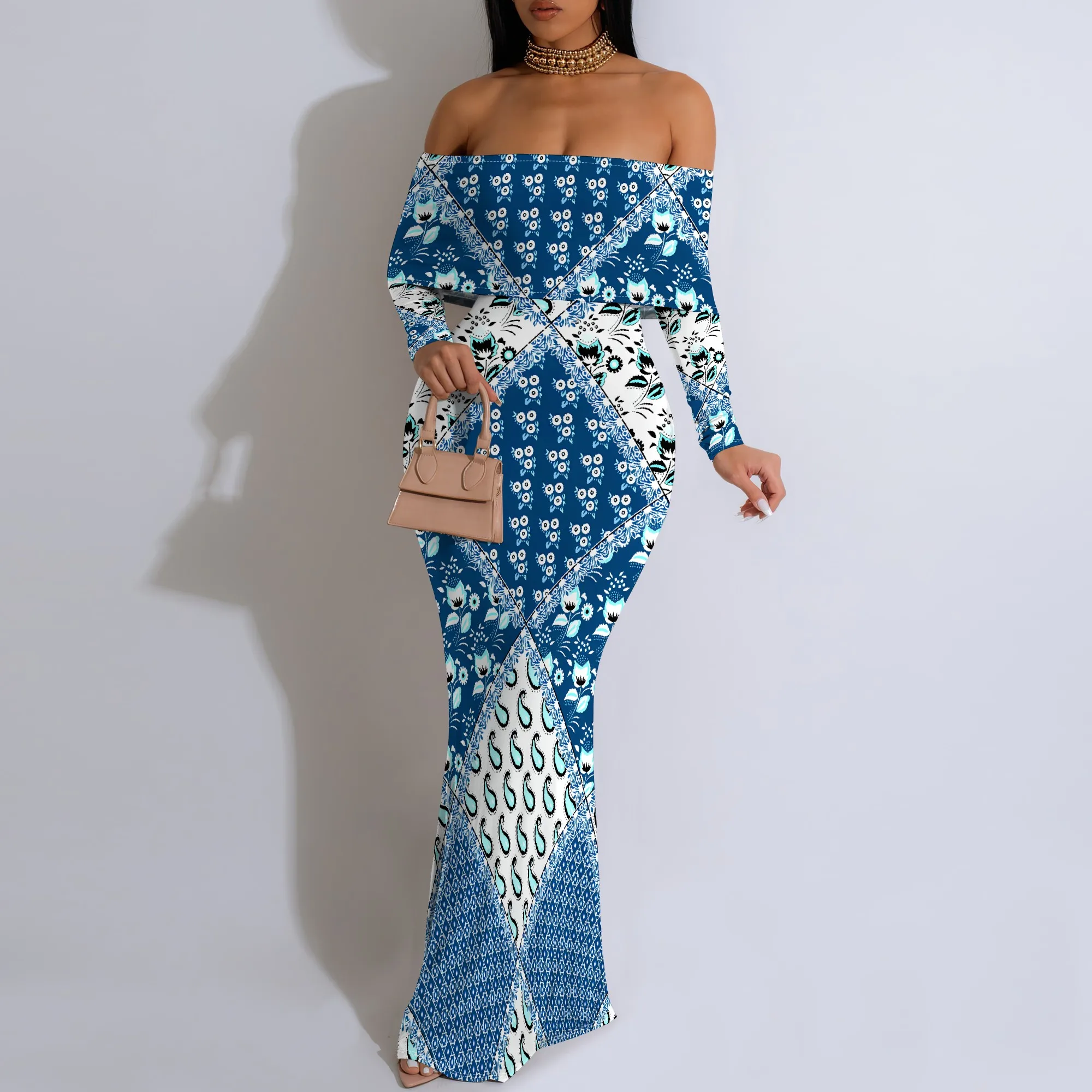 Yellow Green Gradient Off Shoulder Maxi Dress Long Sleeve Bodycon Holiday Dress for Summer Travel