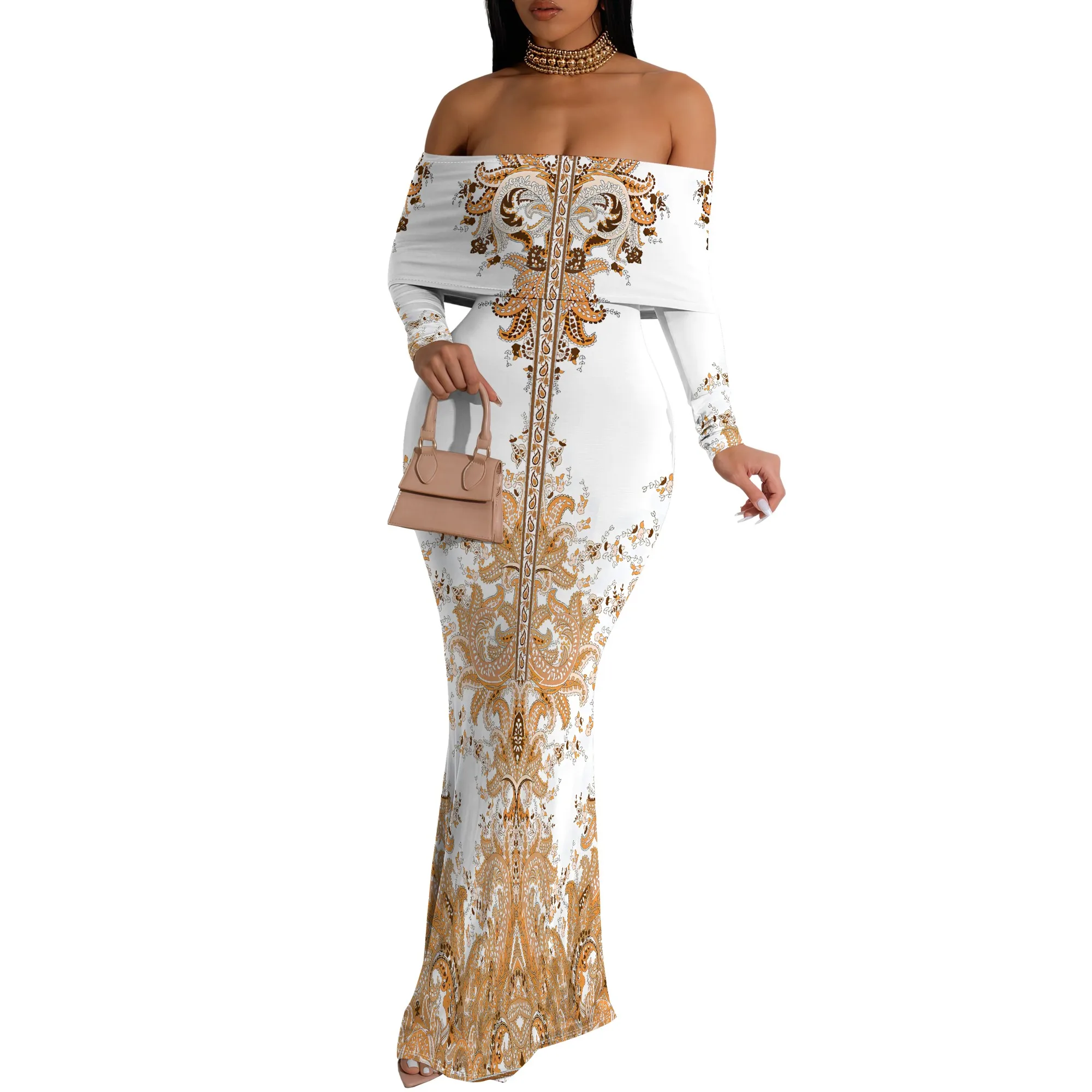 Yellow Green Gradient Off Shoulder Maxi Dress Long Sleeve Bodycon Holiday Dress for Summer Travel