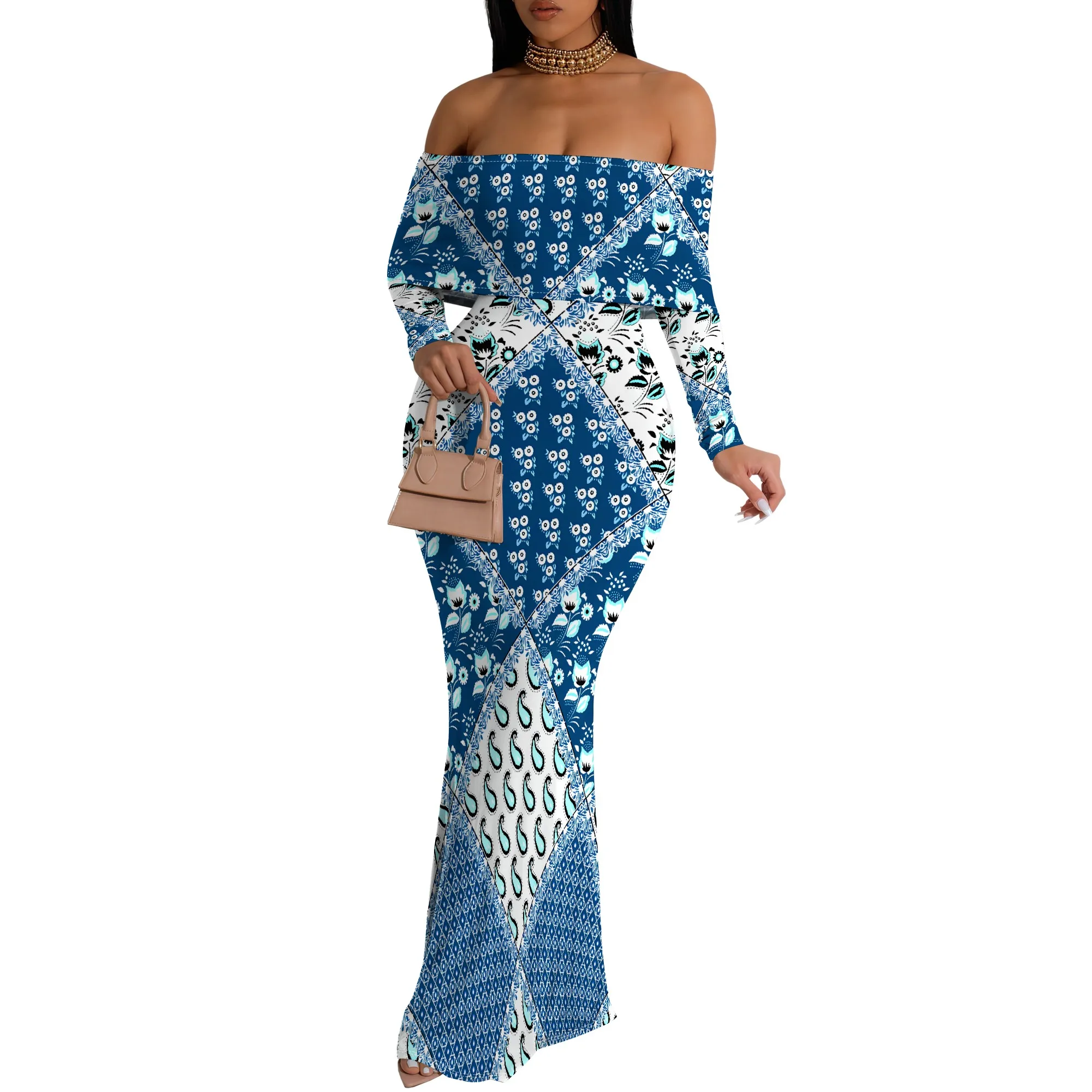 Yellow Green Gradient Off Shoulder Maxi Dress Long Sleeve Bodycon Holiday Dress for Summer Travel