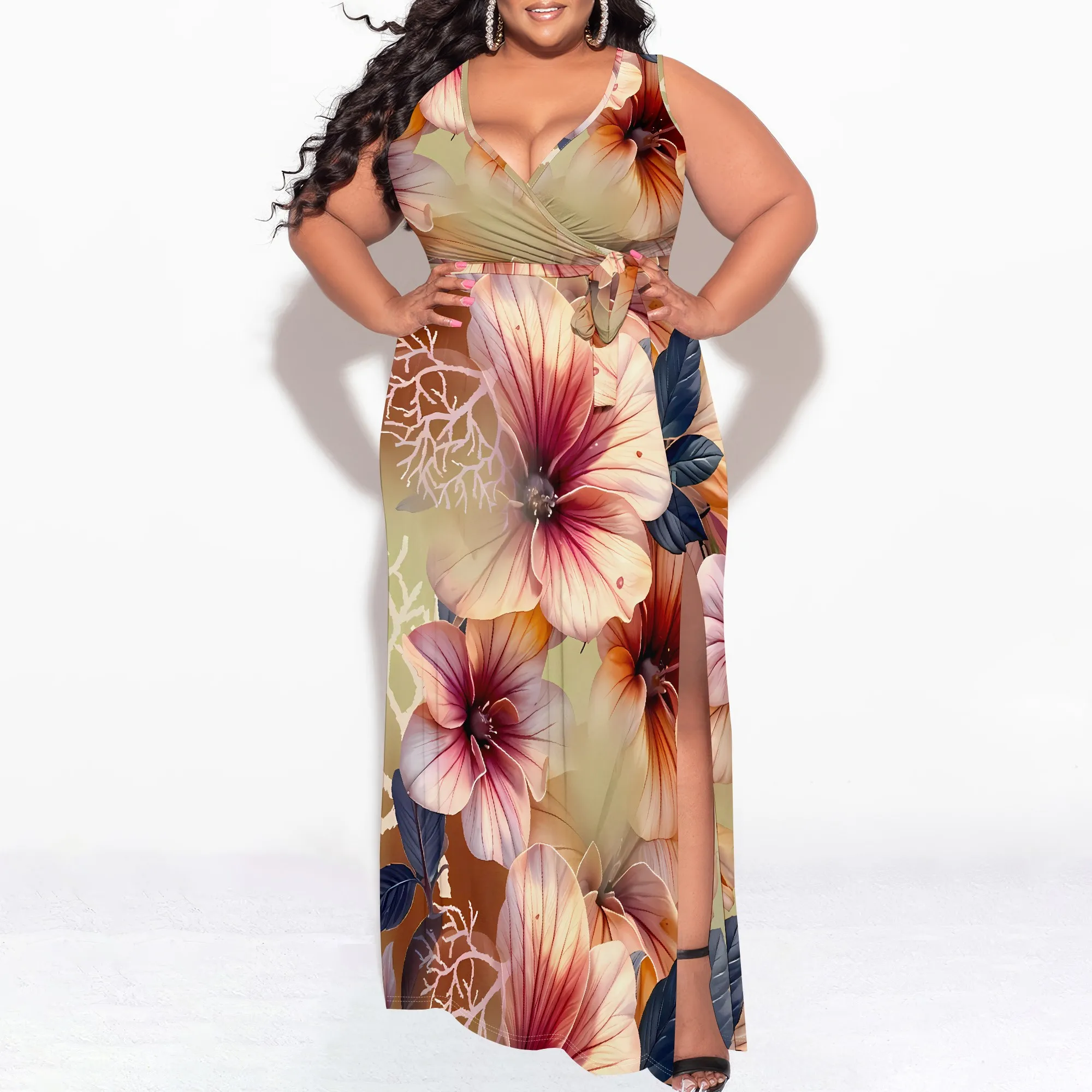 Women's Plus Size Dress Printed Long Dress Flowing Sleeveless With Belt