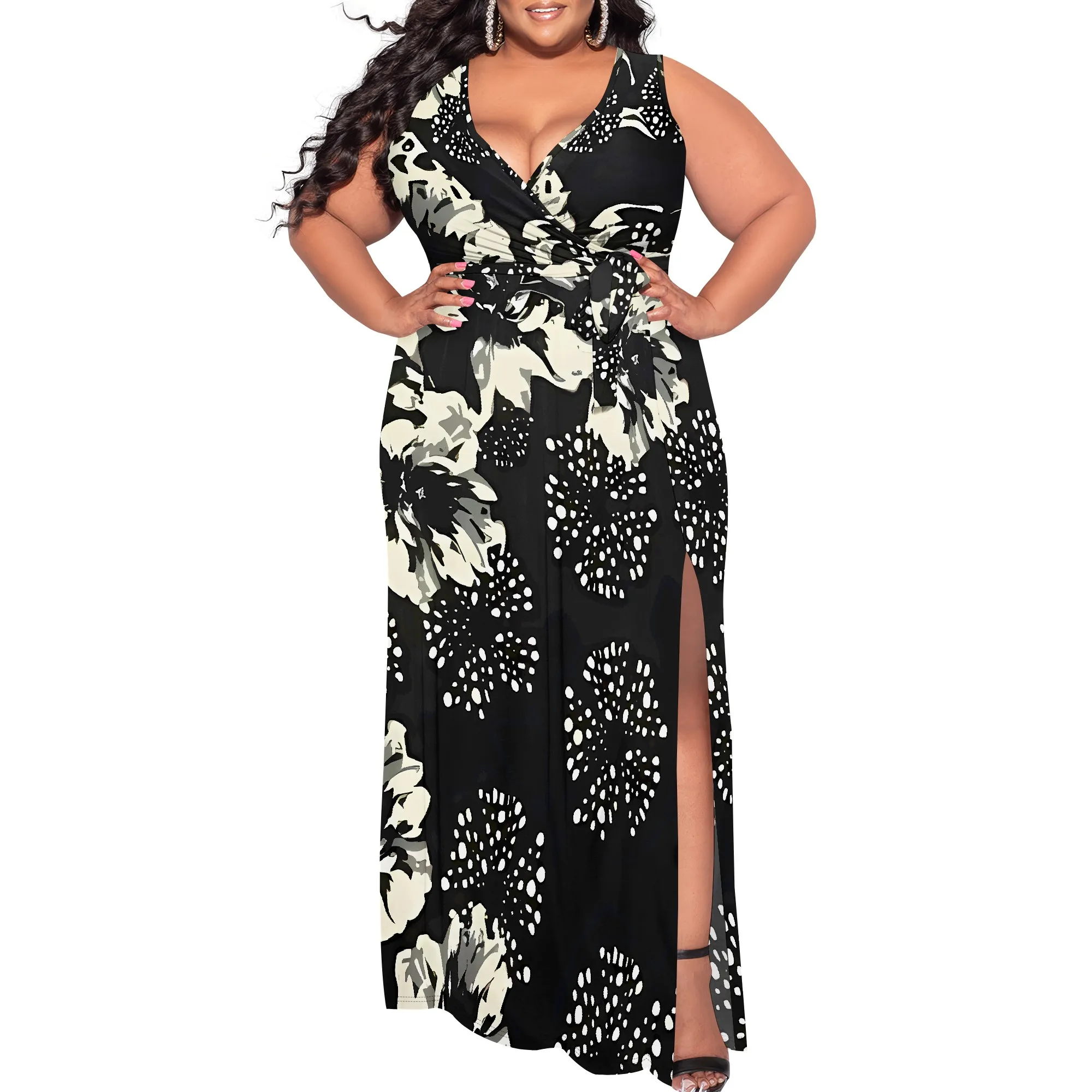 Women's Plus Size Dress Printed Long Dress Flowing Sleeveless With Belt