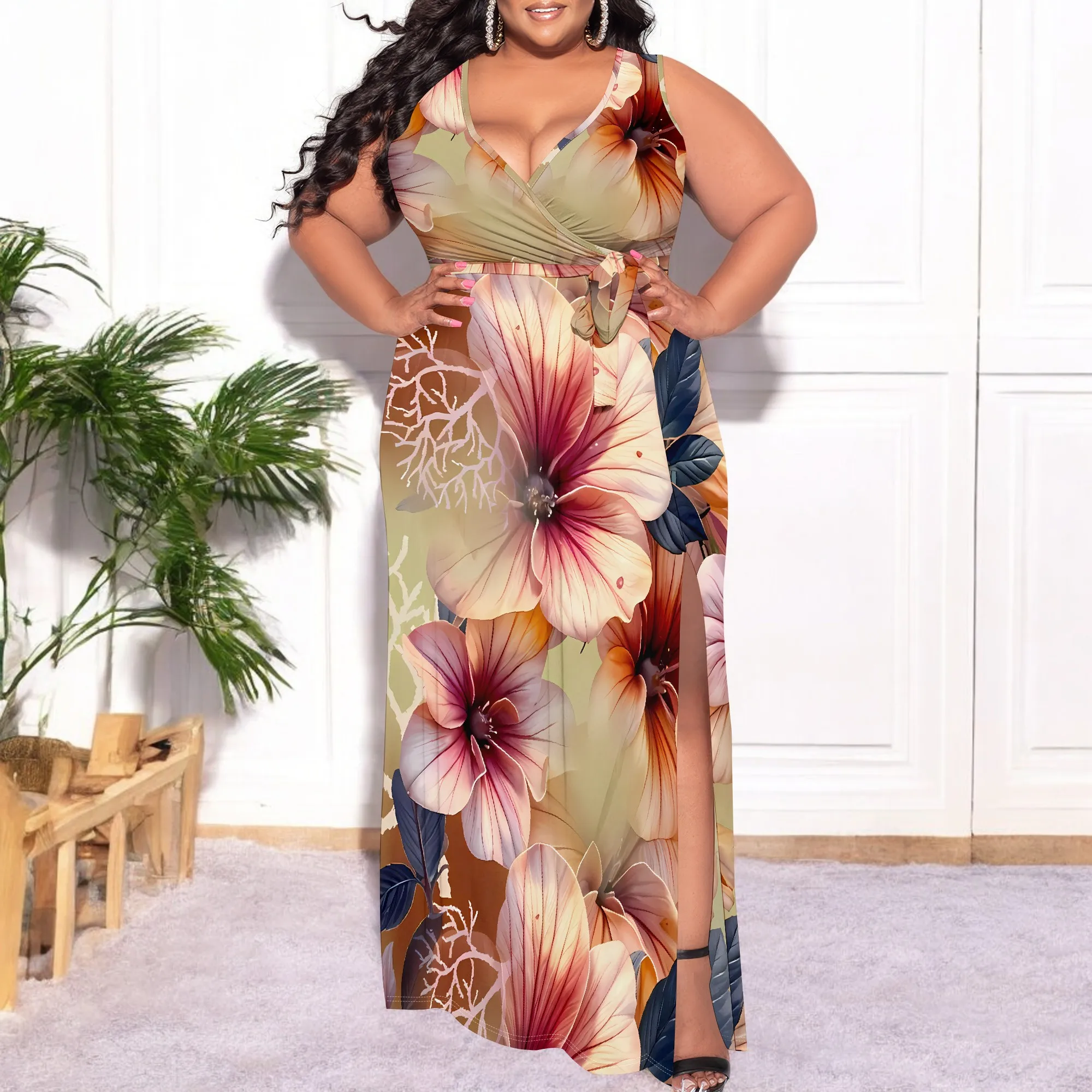 Women's Plus Size Dress Printed Long Dress Flowing Sleeveless With Belt