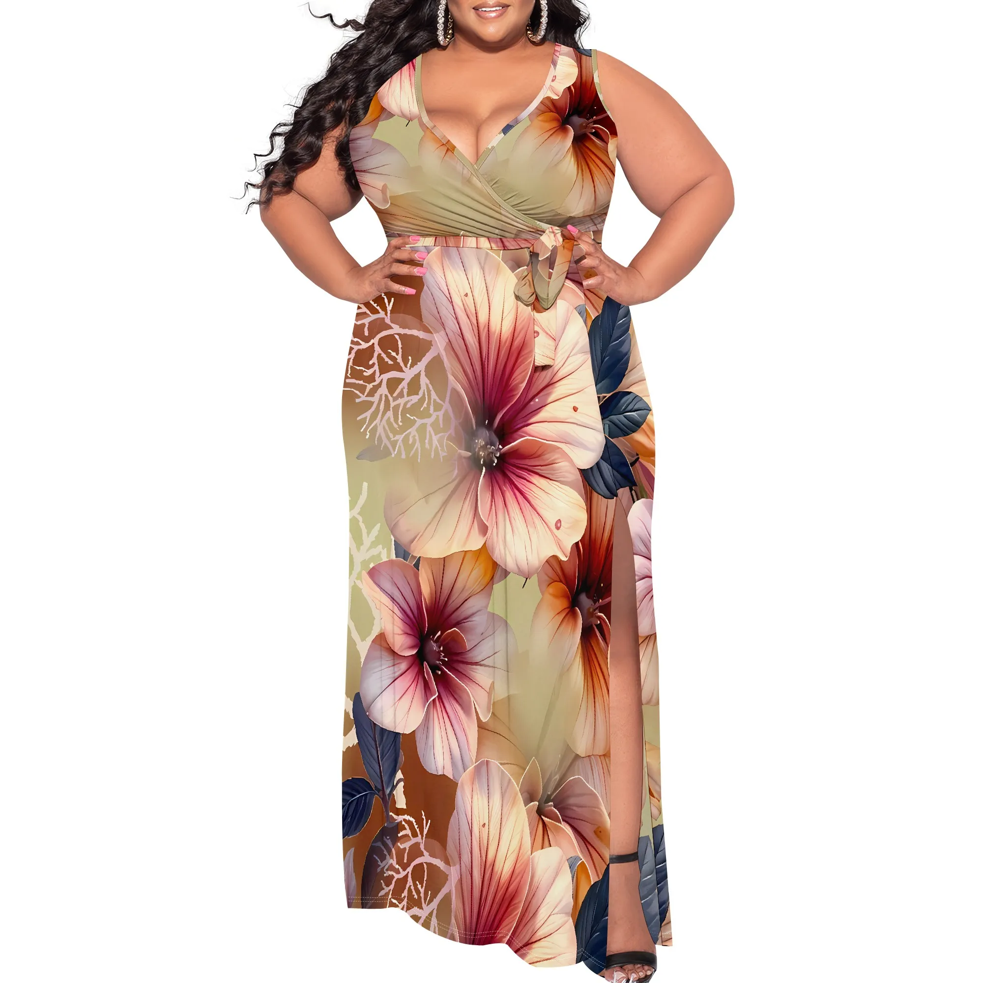 Women's Plus Size Dress Printed Long Dress Flowing Sleeveless With Belt
