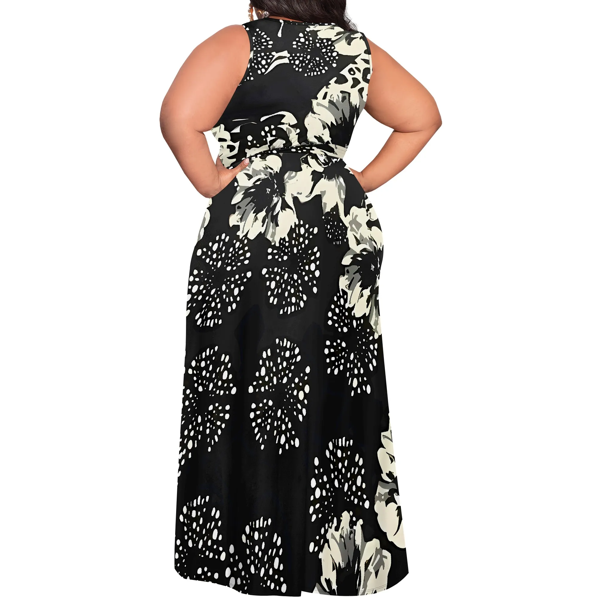 Women's Plus Size Dress Printed Long Dress Flowing Sleeveless With Belt