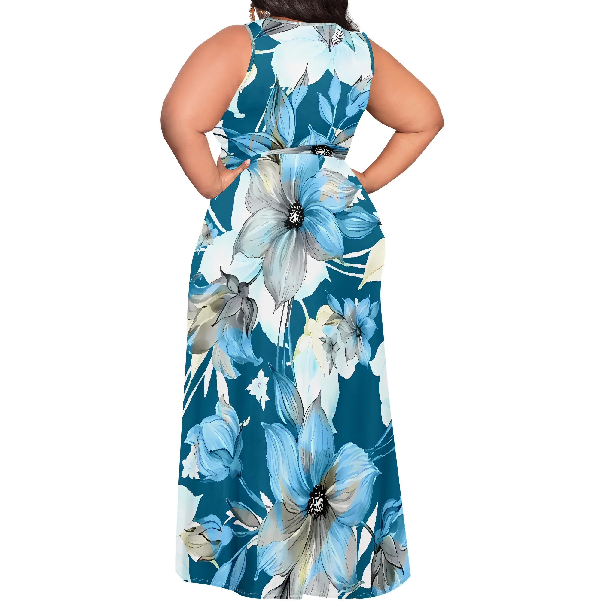 Women's Plus Size Dress Printed Long Dress Flowing Sleeveless With Belt