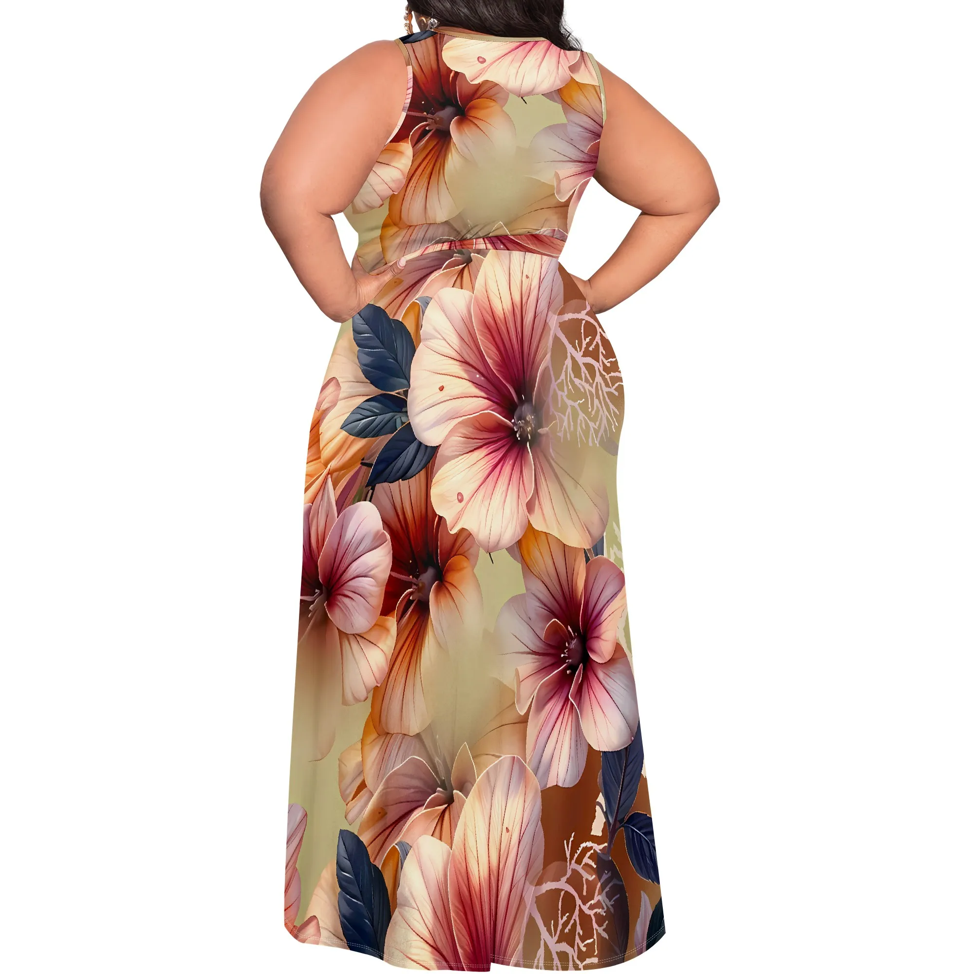Women's Plus Size Dress Printed Long Dress Flowing Sleeveless With Belt