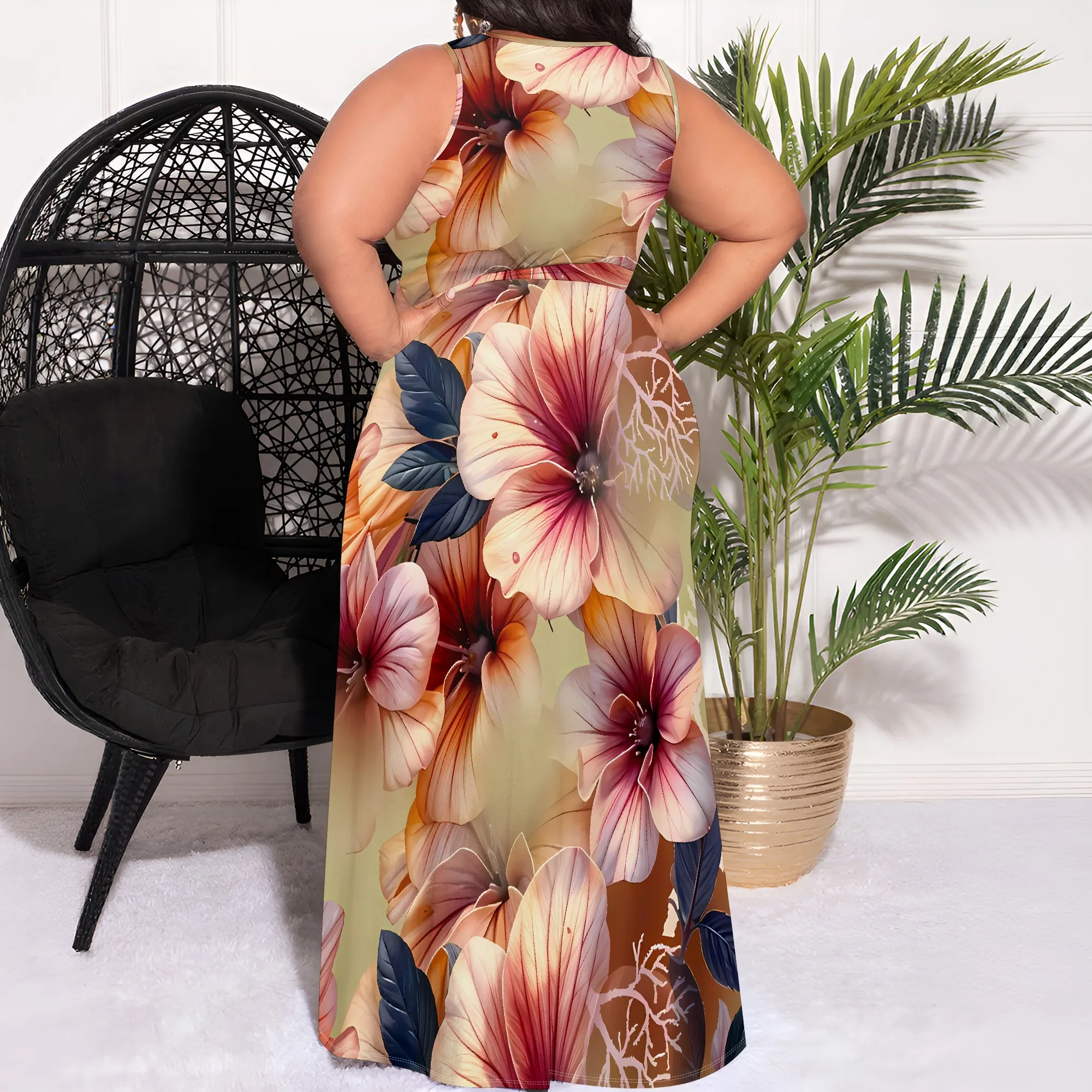 Women's Plus Size Dress Printed Long Dress Flowing Sleeveless With Belt