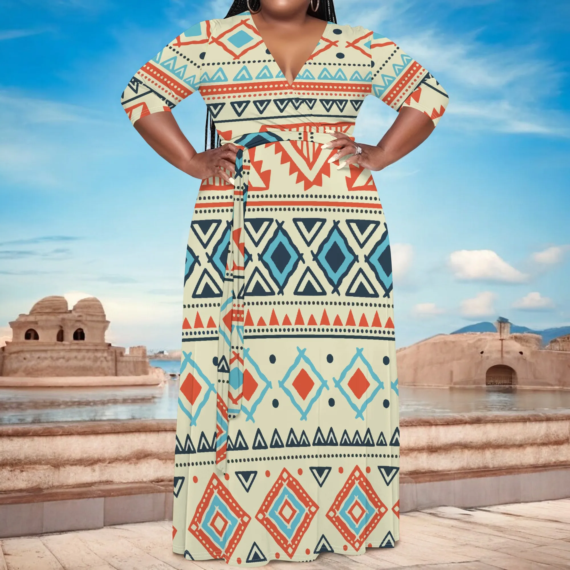 Plus Size Tribal Geometric Long Sleeve V-Neck Maxi Dress with Belt - Women's Bold Cultural Party Resortwear
