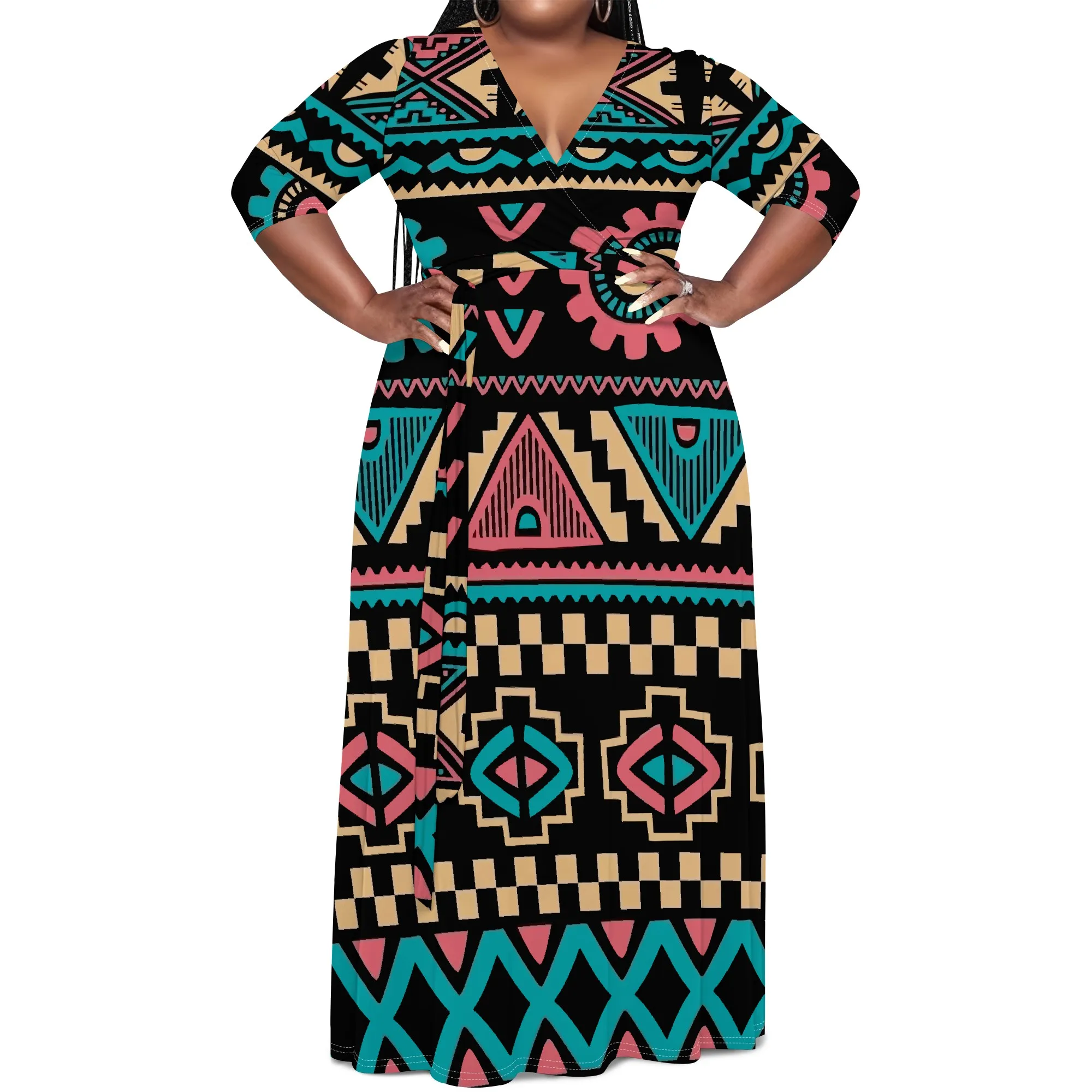 Plus Size Tribal Geometric Long Sleeve V-Neck Maxi Dress with Belt - Women's Bold Cultural Party Resortwear
