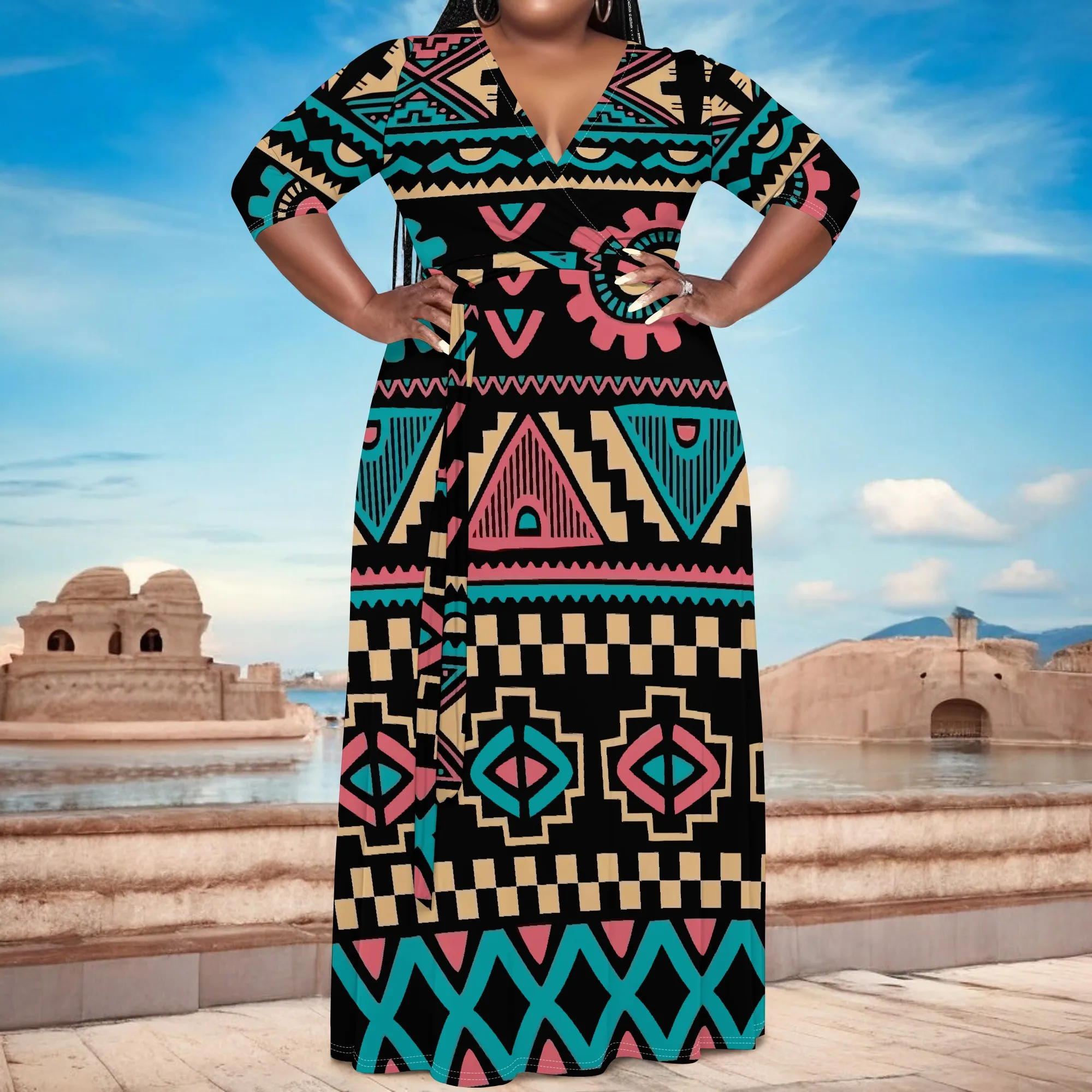 Plus Size Tribal Geometric Long Sleeve V-Neck Maxi Dress with Belt - Women's Bold Cultural Party Resortwear