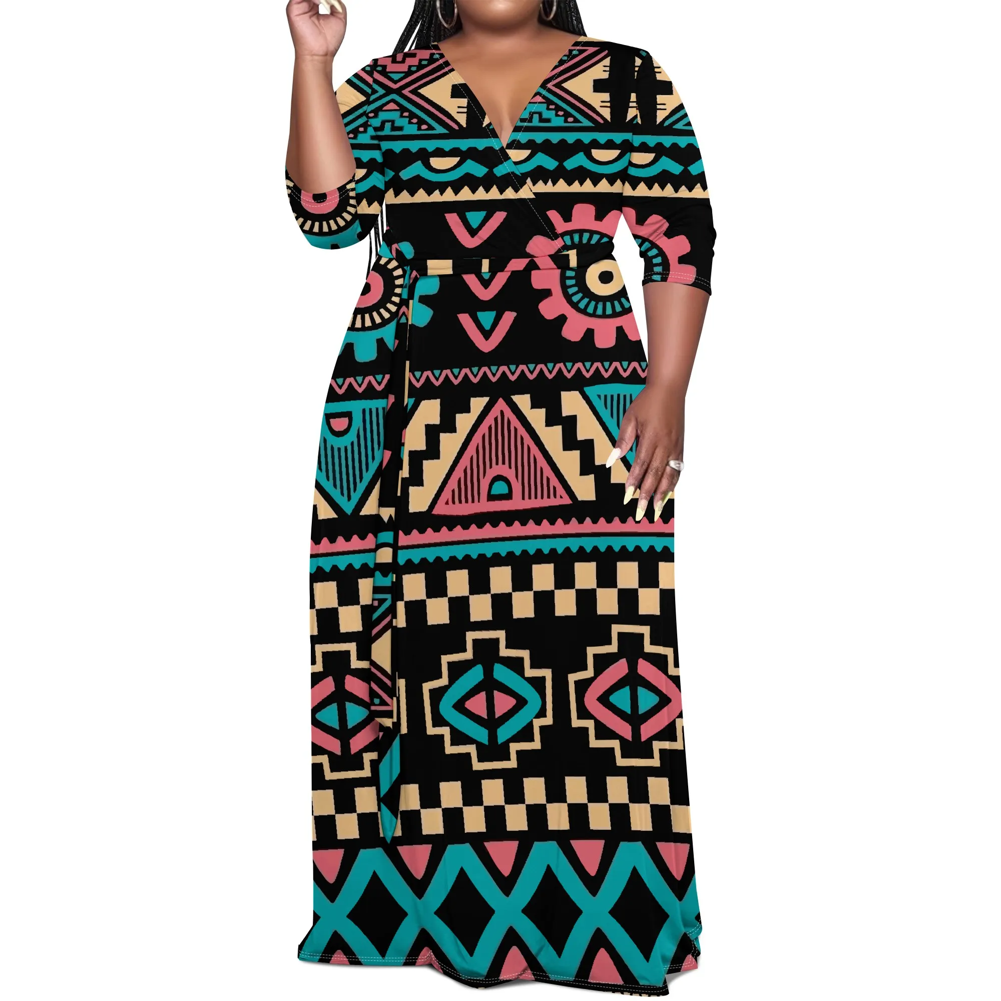 Plus Size Tribal Geometric Long Sleeve V-Neck Maxi Dress with Belt - Women's Bold Cultural Party Resortwear