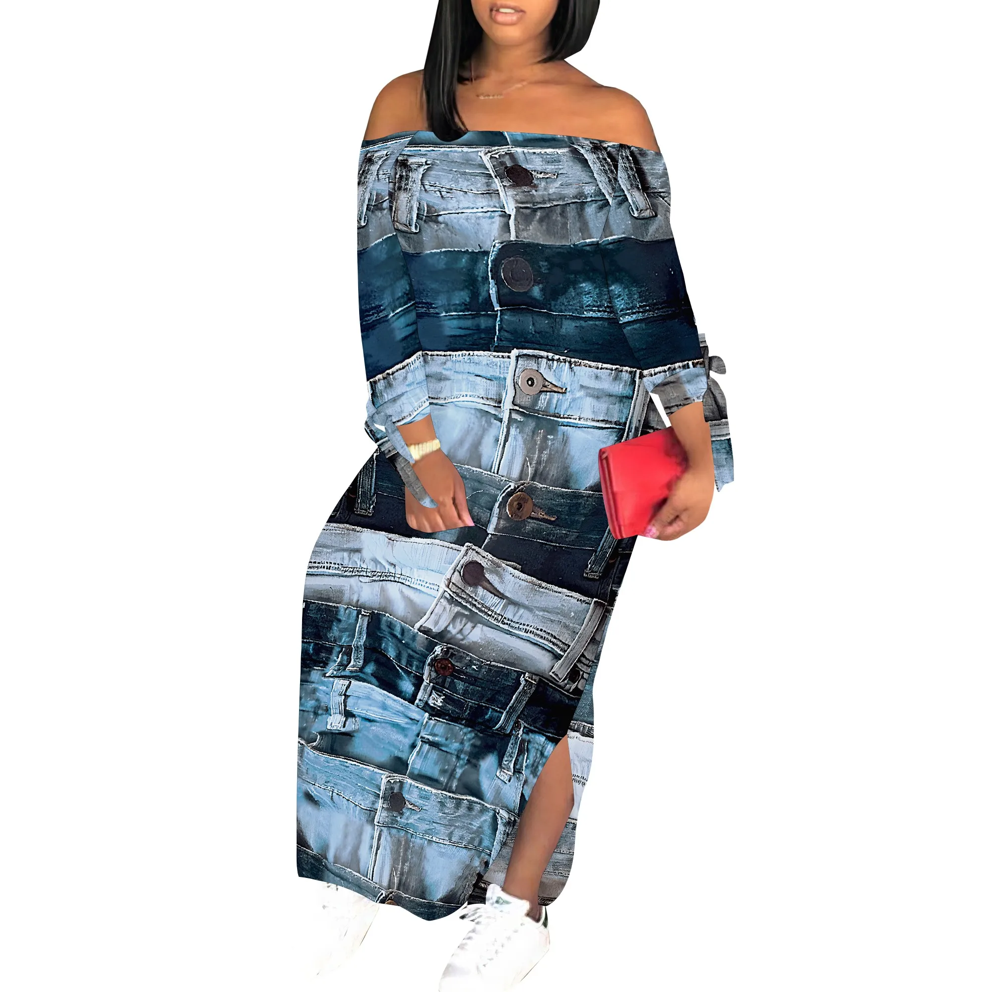 Denim Retro Print Long Sleeve Slim Fit Elegant Casual Slit One-Shoulder Neck Dress