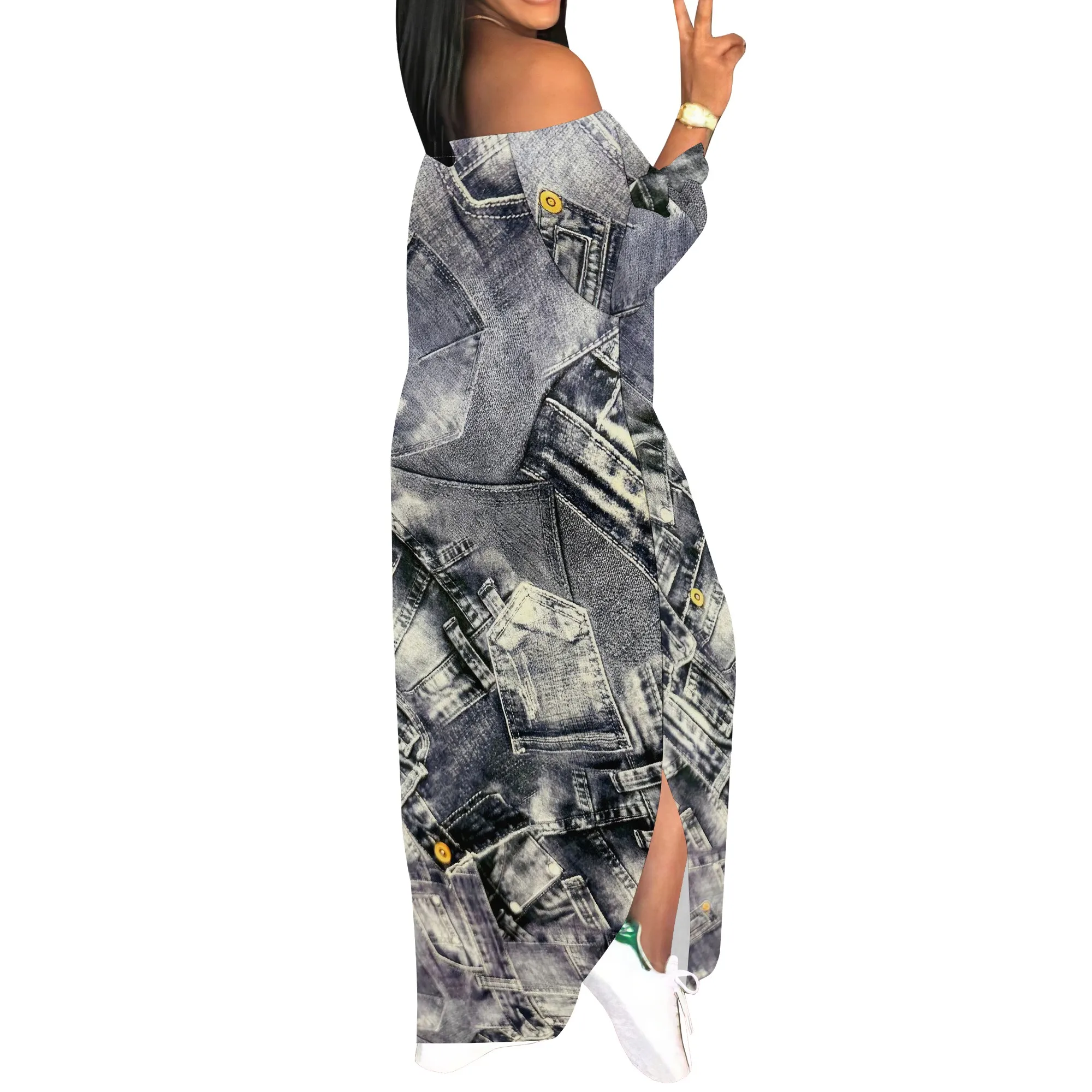 Denim Retro Print Long Sleeve Slim Fit Elegant Casual Slit One-Shoulder Neck Dress