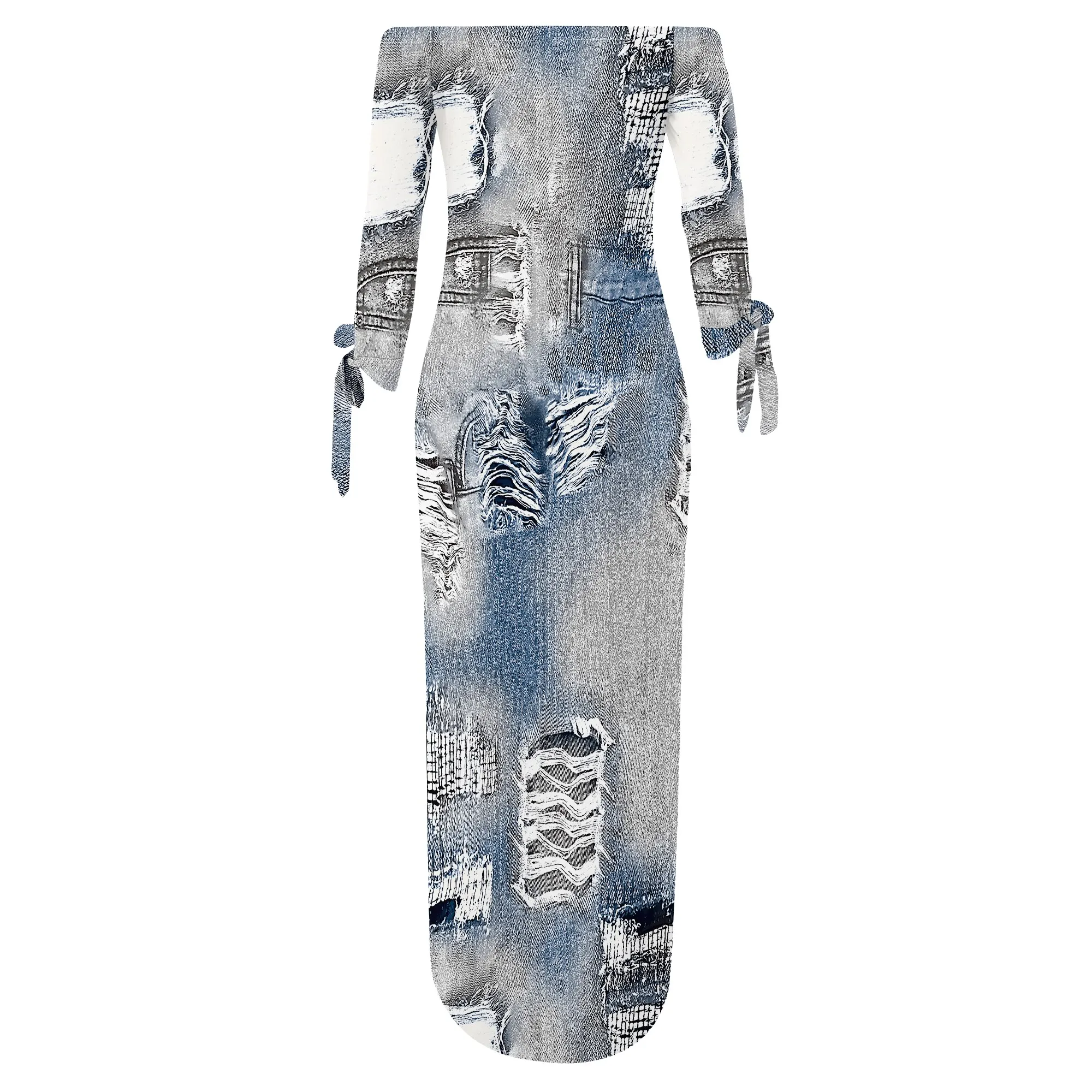 Denim Retro Print Long Sleeve Slim Fit Elegant Casual Slit One-Shoulder Neck Dress