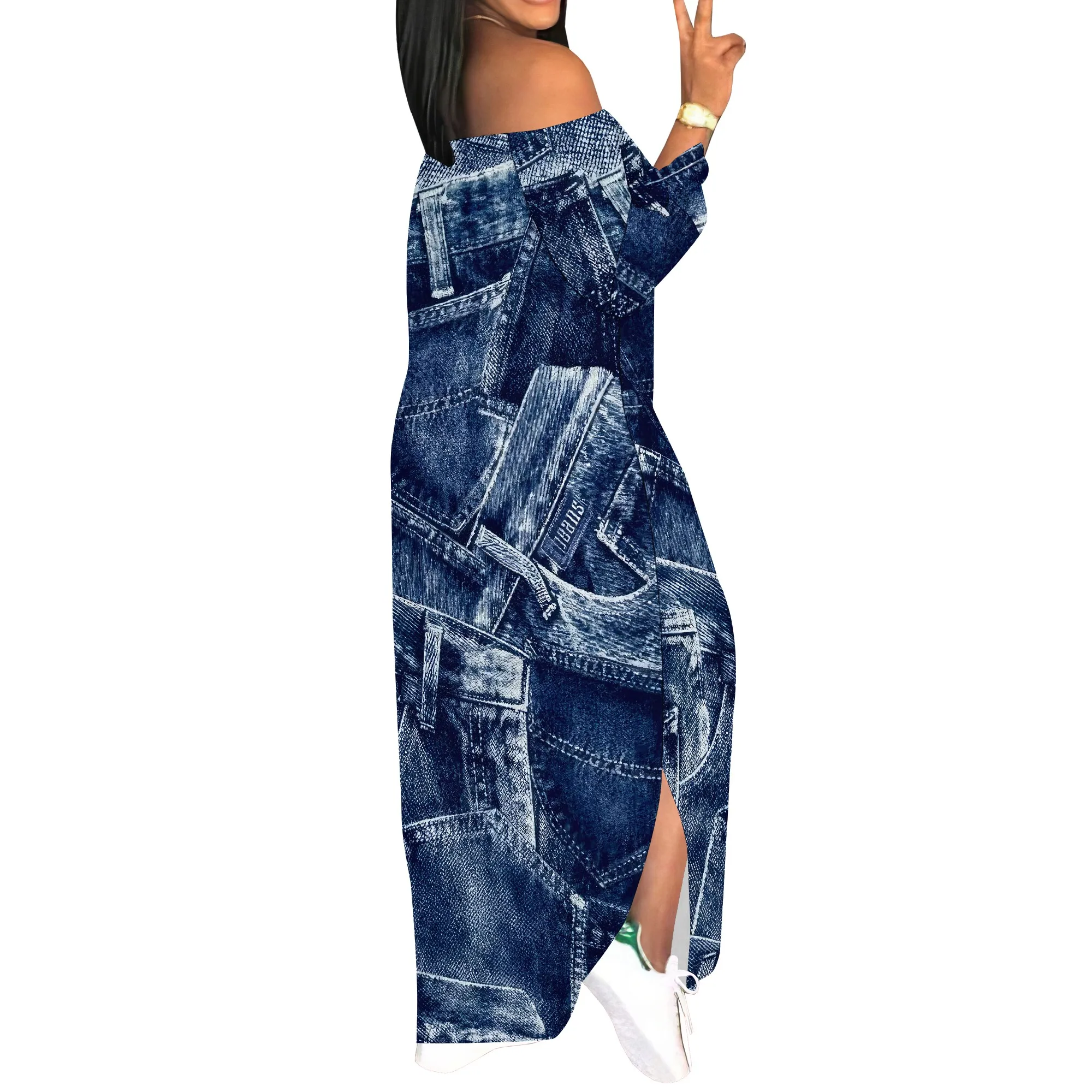 Denim Retro Print Long Sleeve Slim Fit Elegant Casual Slit One-Shoulder Neck Dress