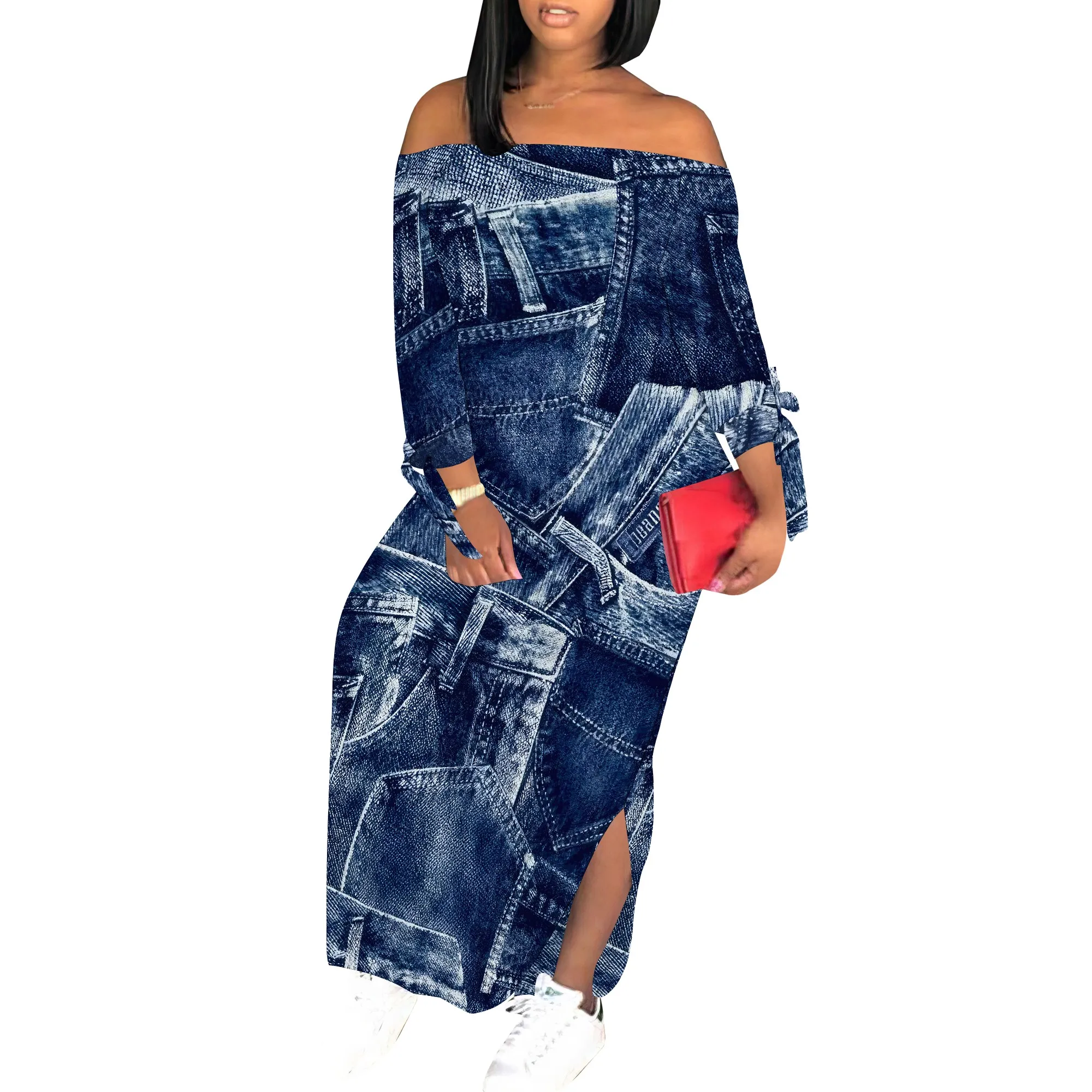 Denim Retro Print Long Sleeve Slim Fit Elegant Casual Slit One-Shoulder Neck Dress