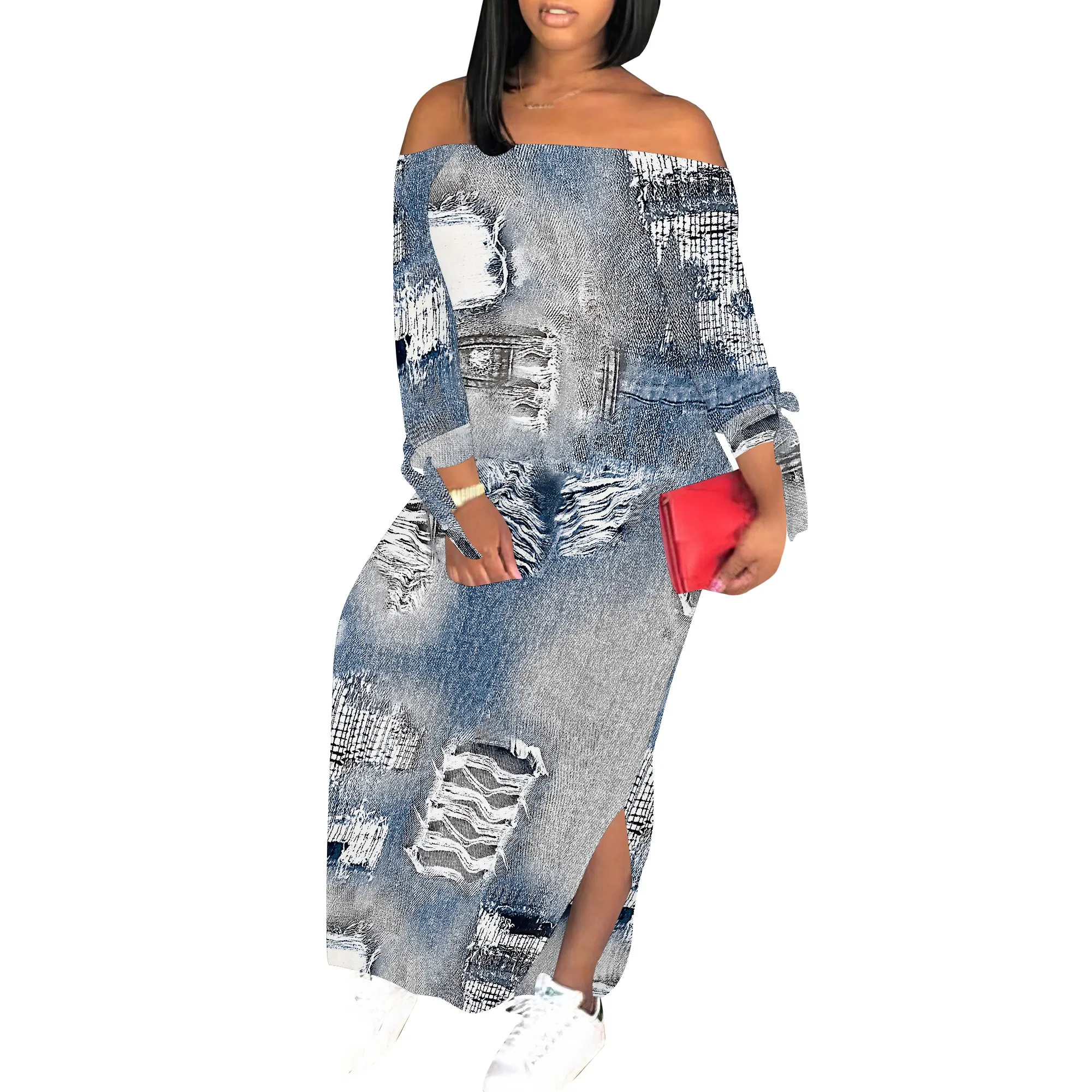 Denim Retro Print Long Sleeve Slim Fit Elegant Casual Slit One-Shoulder Neck Dress