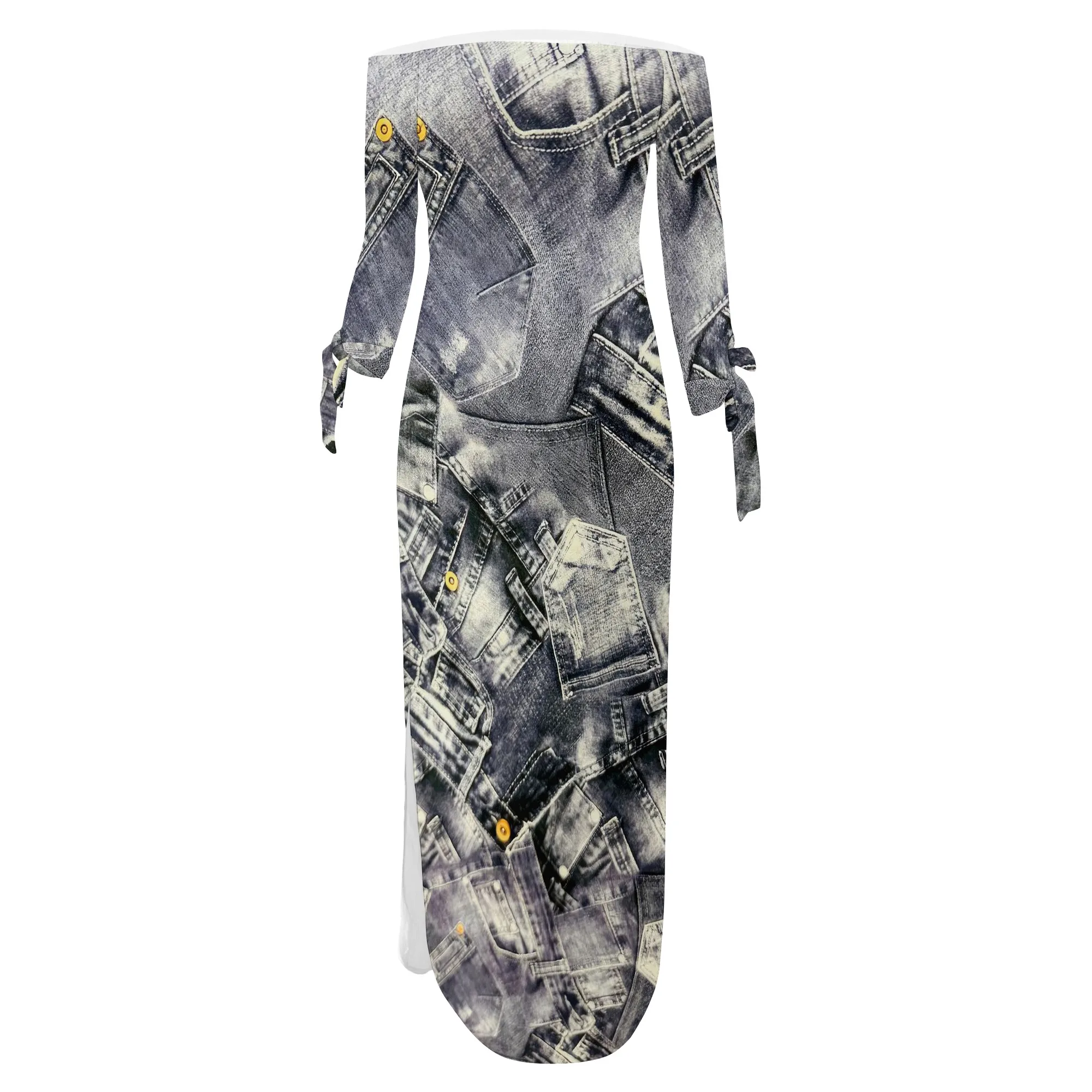 Denim Retro Print Long Sleeve Slim Fit Elegant Casual Slit One-Shoulder Neck Dress