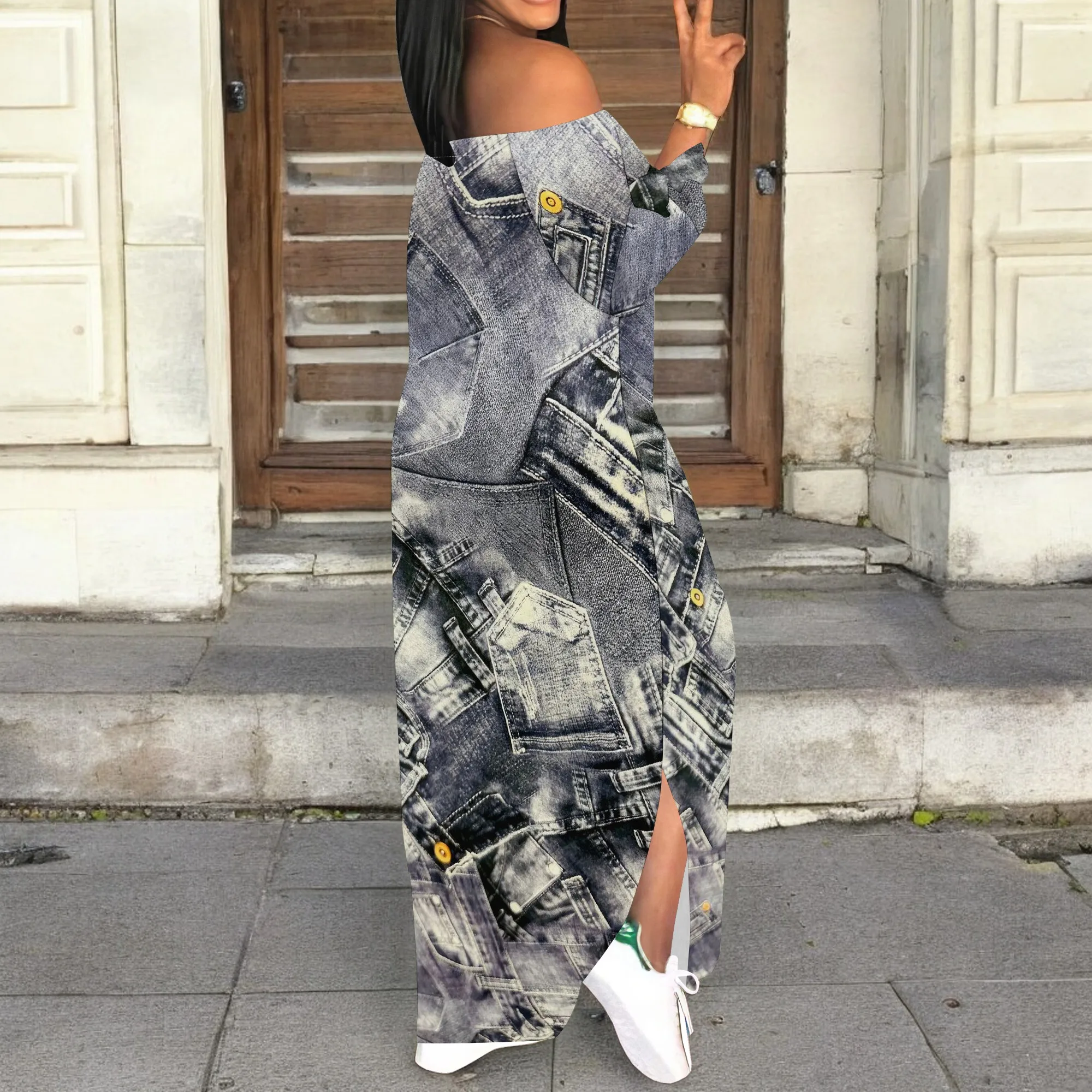 Denim Retro Print Long Sleeve Slim Fit Elegant Casual Slit One-Shoulder Neck Dress