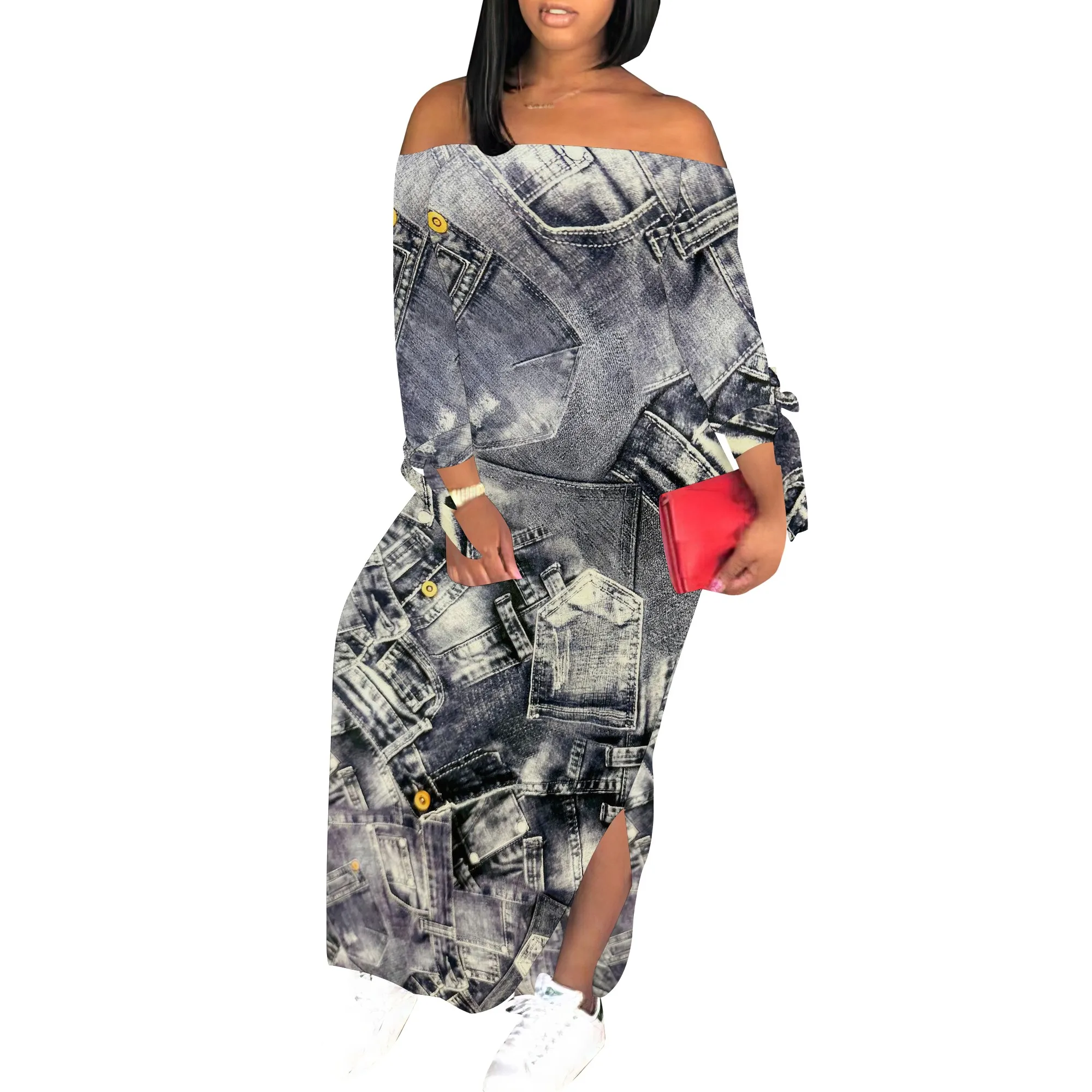 Denim Retro Print Long Sleeve Slim Fit Elegant Casual Slit One-Shoulder Neck Dress