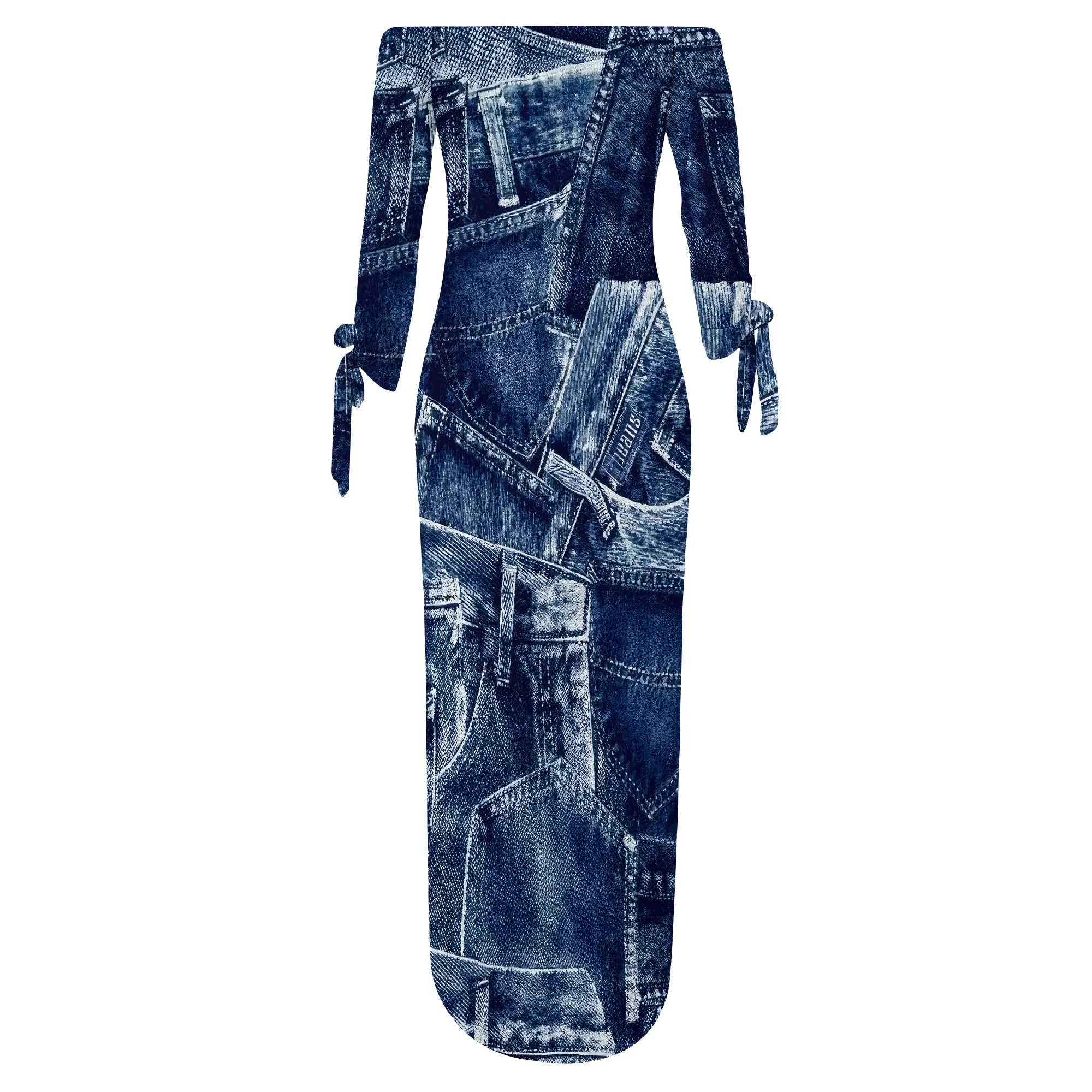 Denim Retro Print Long Sleeve Slim Fit Elegant Casual Slit One-Shoulder Neck Dress