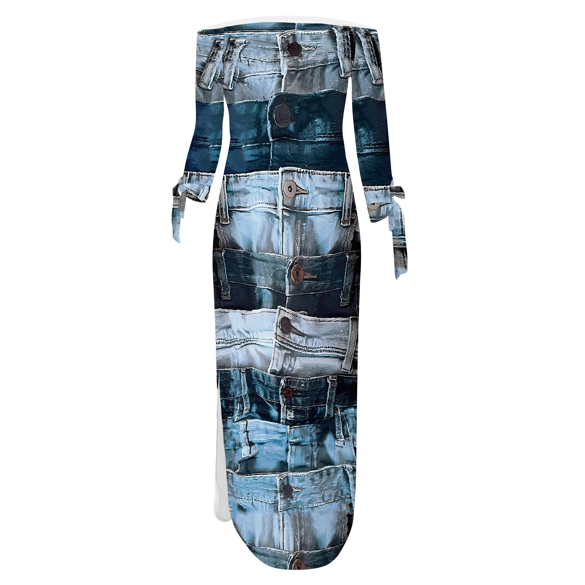 Denim Retro Print Long Sleeve Slim Fit Elegant Casual Slit One-Shoulder Neck Dress