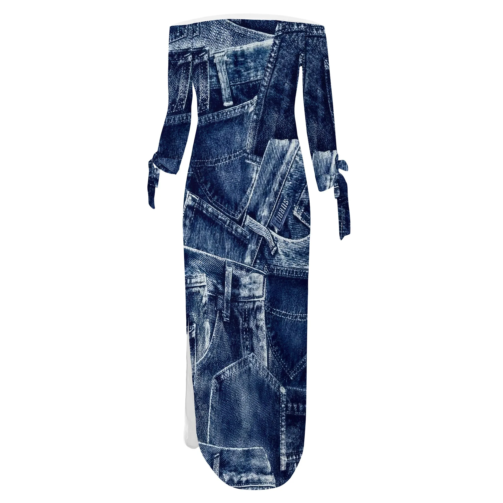 Denim Retro Print Long Sleeve Slim Fit Elegant Casual Slit One-Shoulder Neck Dress