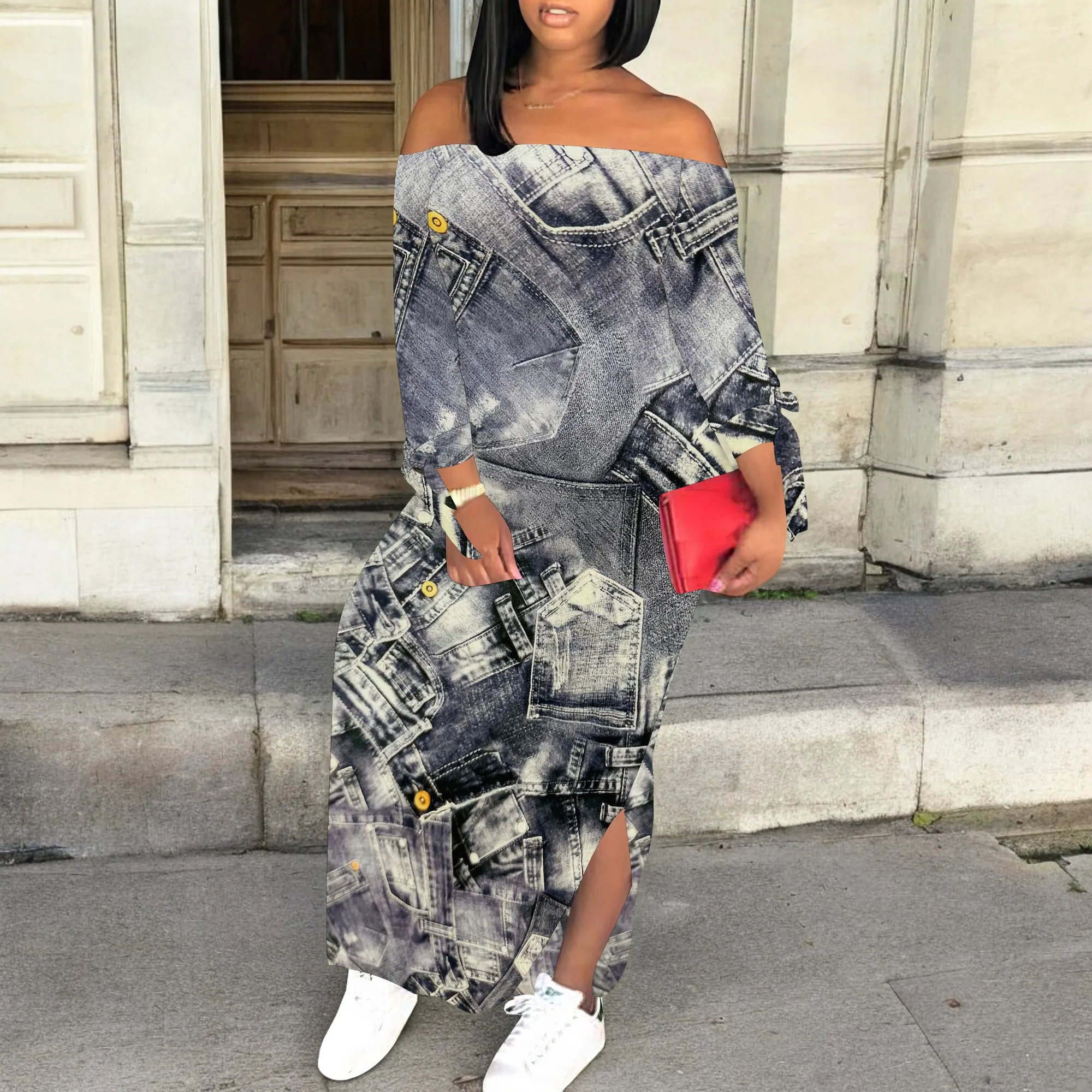 Denim Retro Print Long Sleeve Slim Fit Elegant Casual Slit One-Shoulder Neck Dress