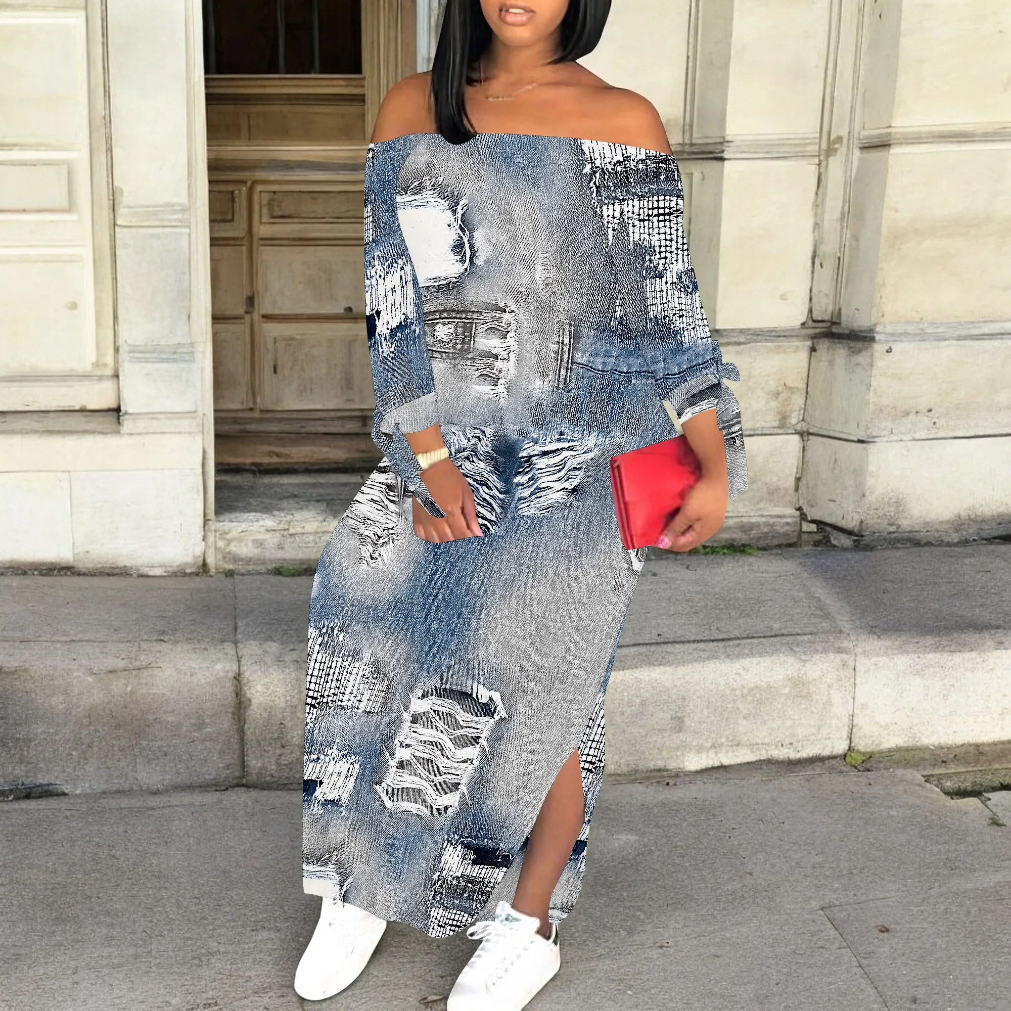 Denim Retro Print Long Sleeve Slim Fit Elegant Casual Slit One-Shoulder Neck Dress