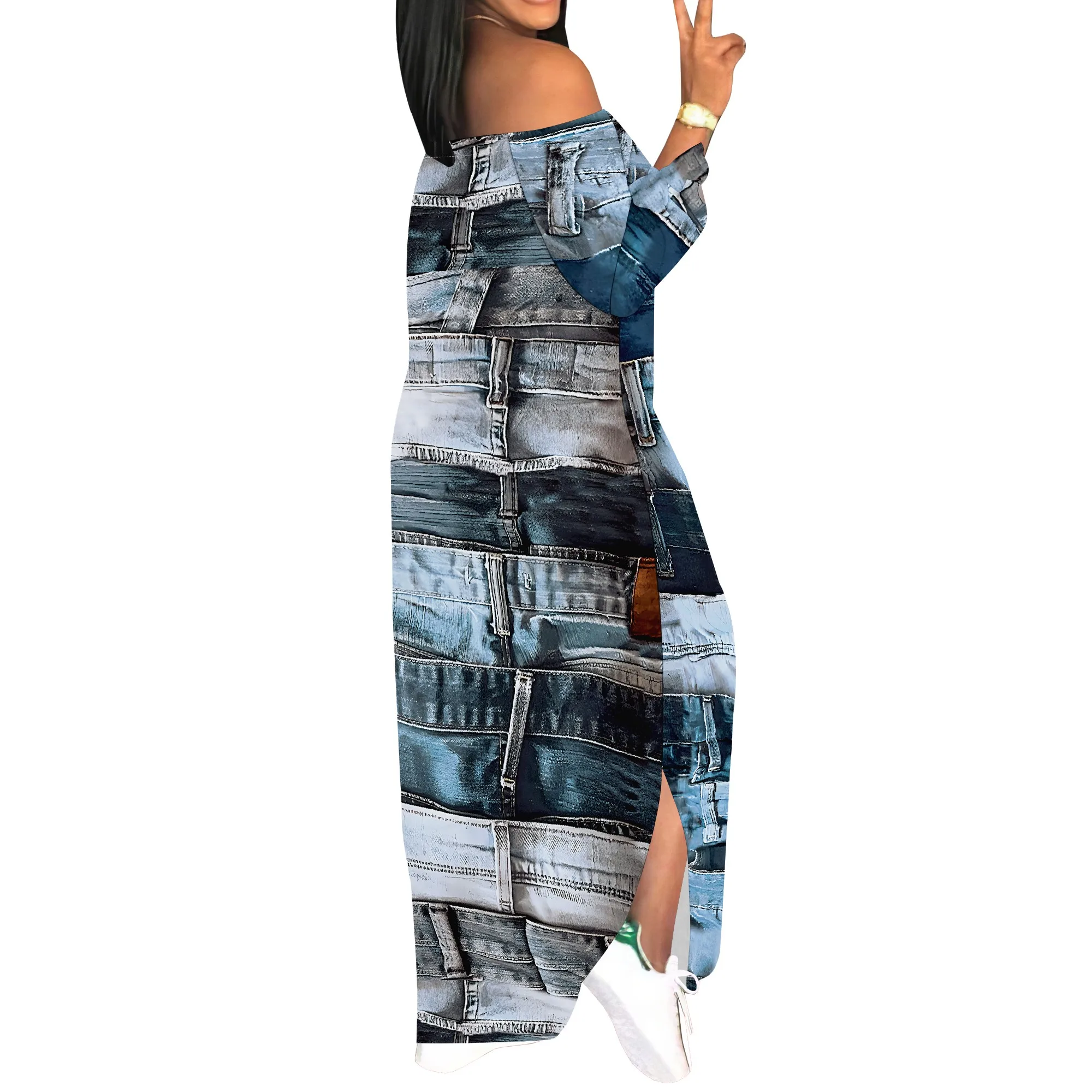 Denim Retro Print Long Sleeve Slim Fit Elegant Casual Slit One-Shoulder Neck Dress