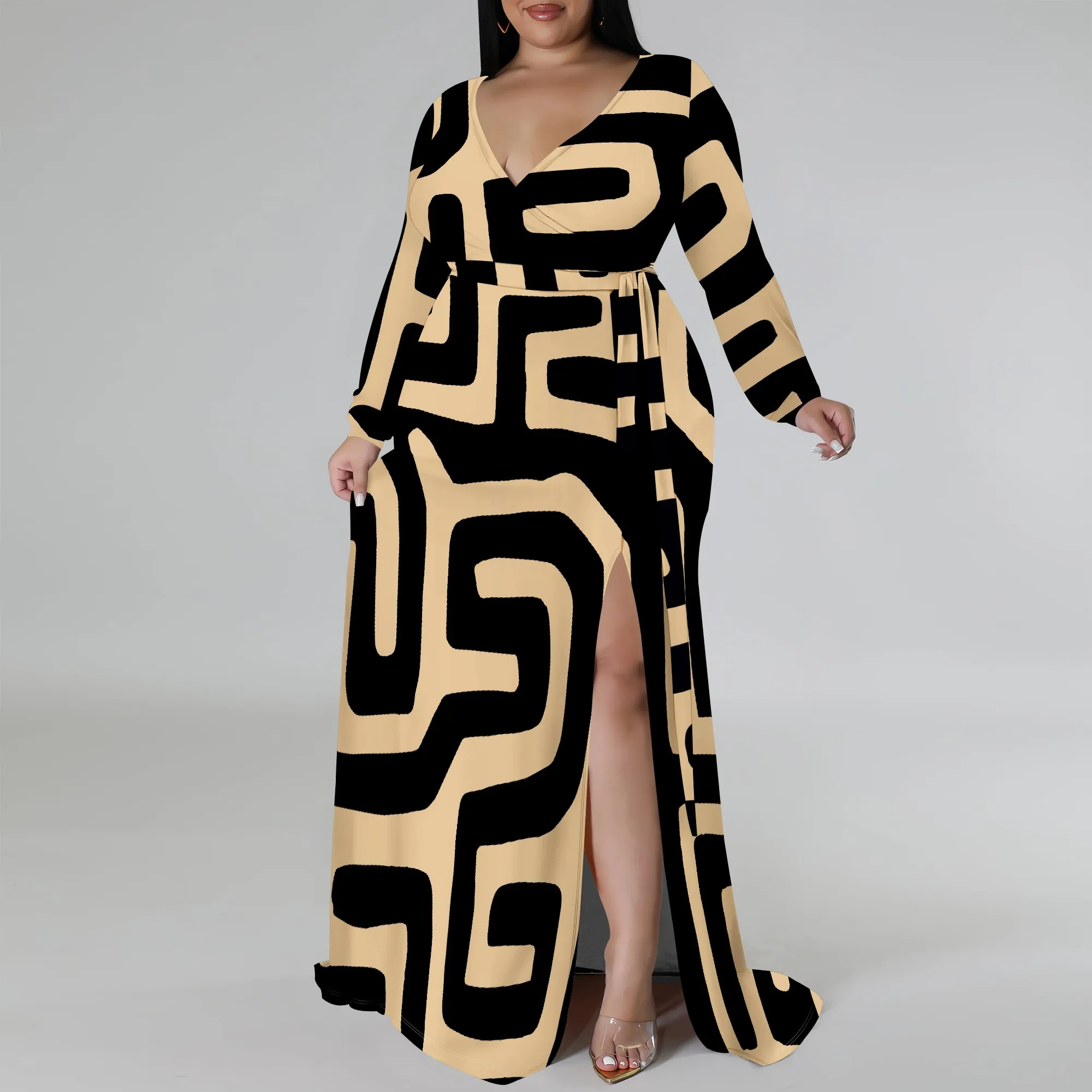 Plus Size Long Sleeve Geometric Abstract Wrap Dress for Women, Elegant Maxi Dress with Side Slit for Party