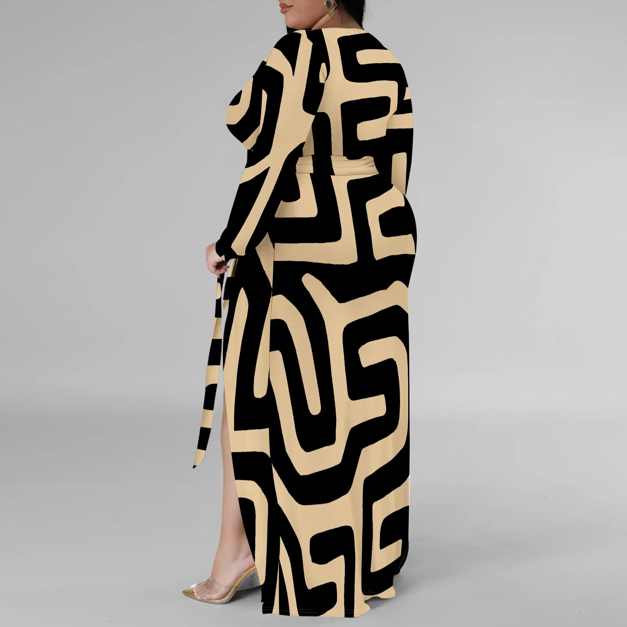 Plus Size Long Sleeve Geometric Abstract Wrap Dress for Women, Elegant Maxi Dress with Side Slit for Party