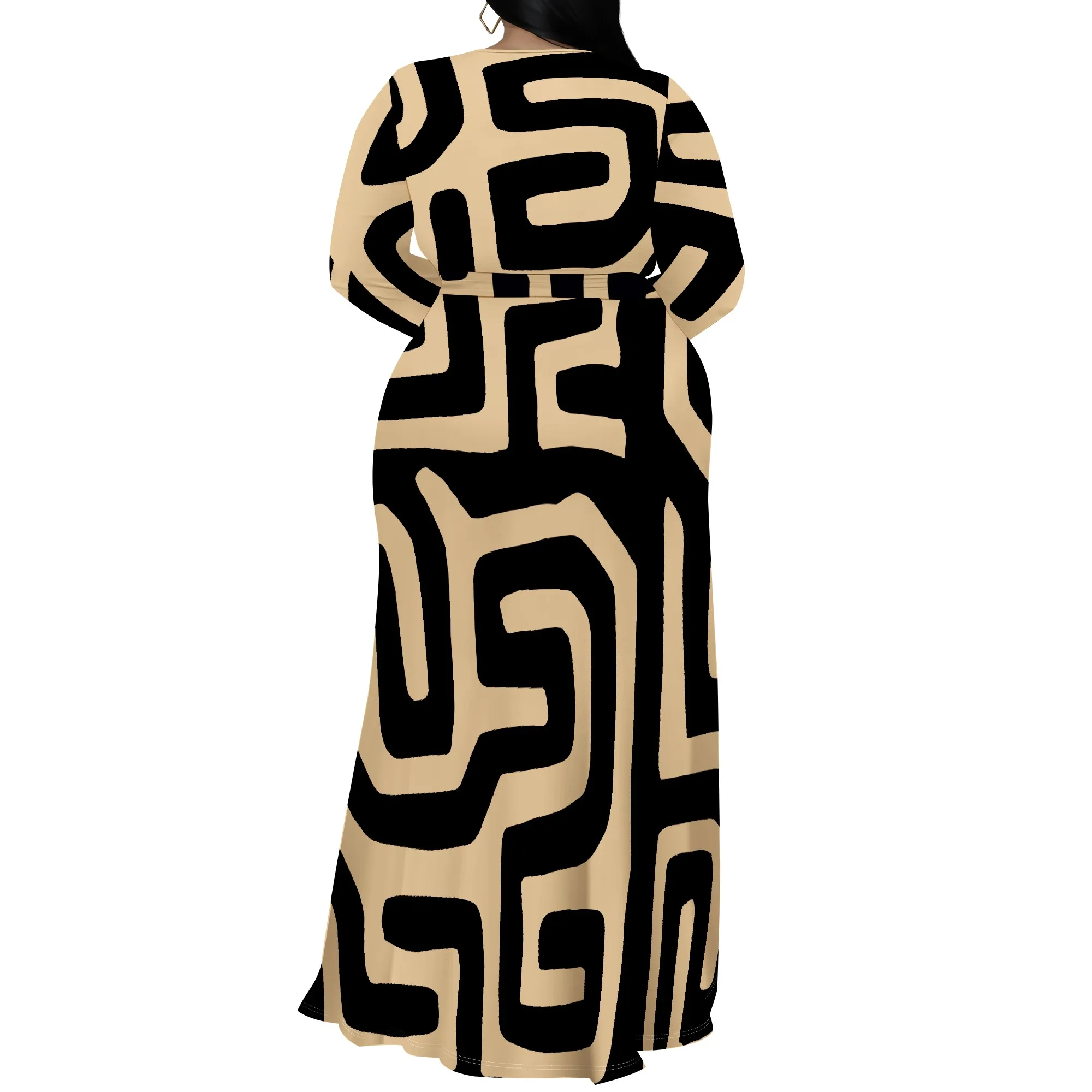 Plus Size Long Sleeve Geometric Abstract Wrap Dress for Women, Elegant Maxi Dress with Side Slit for Party