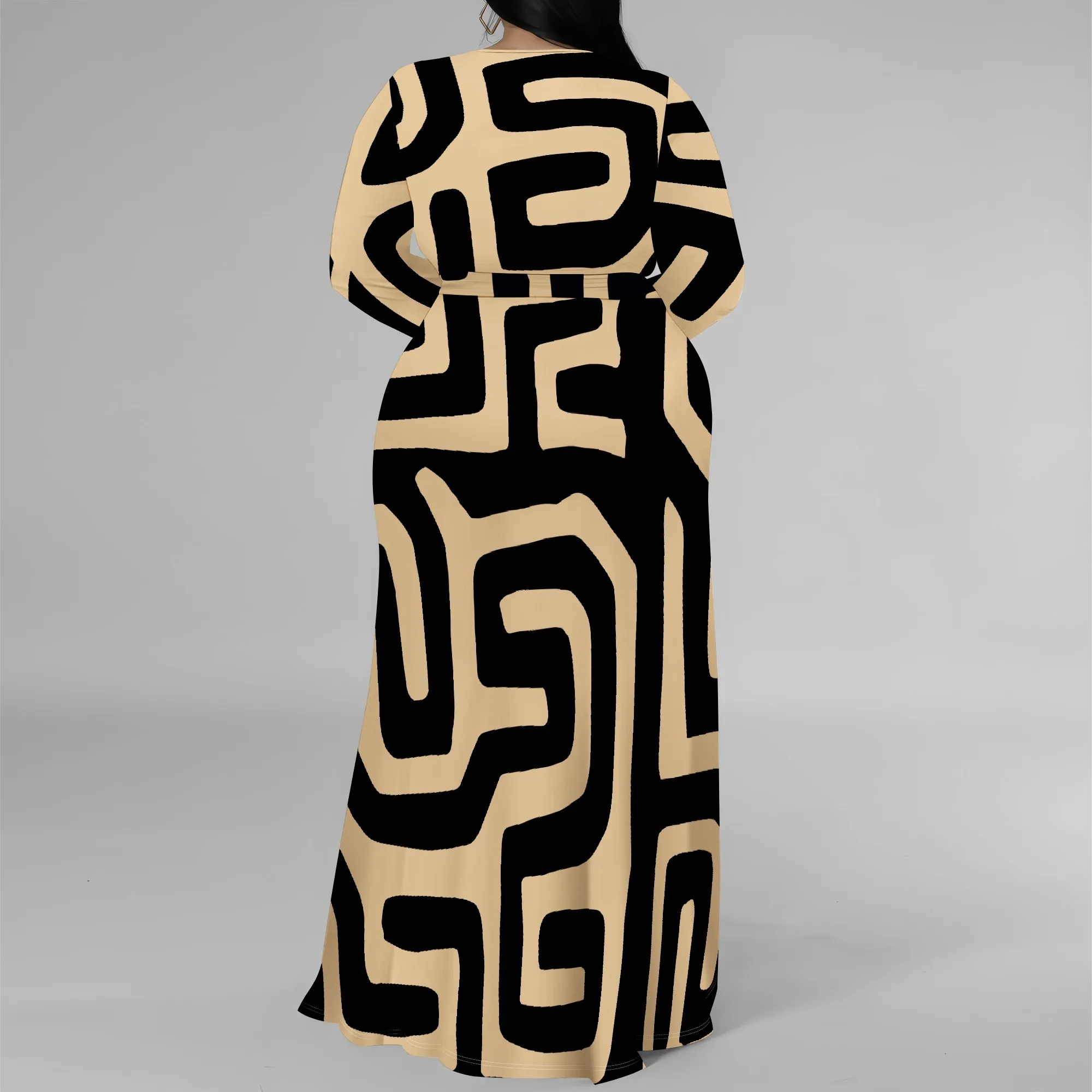 Plus Size Long Sleeve Geometric Abstract Wrap Dress for Women, Elegant Maxi Dress with Side Slit for Party