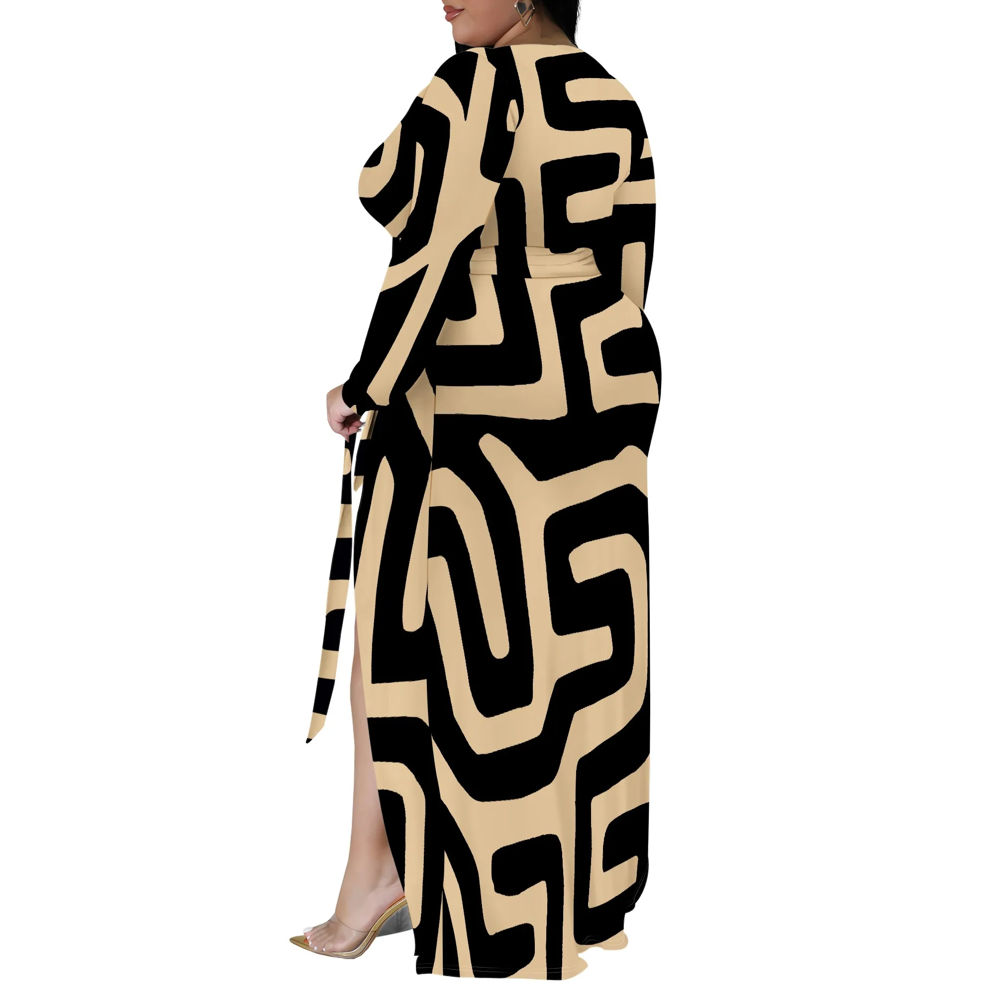 Plus Size Long Sleeve Geometric Abstract Wrap Dress for Women, Elegant Maxi Dress with Side Slit for Party