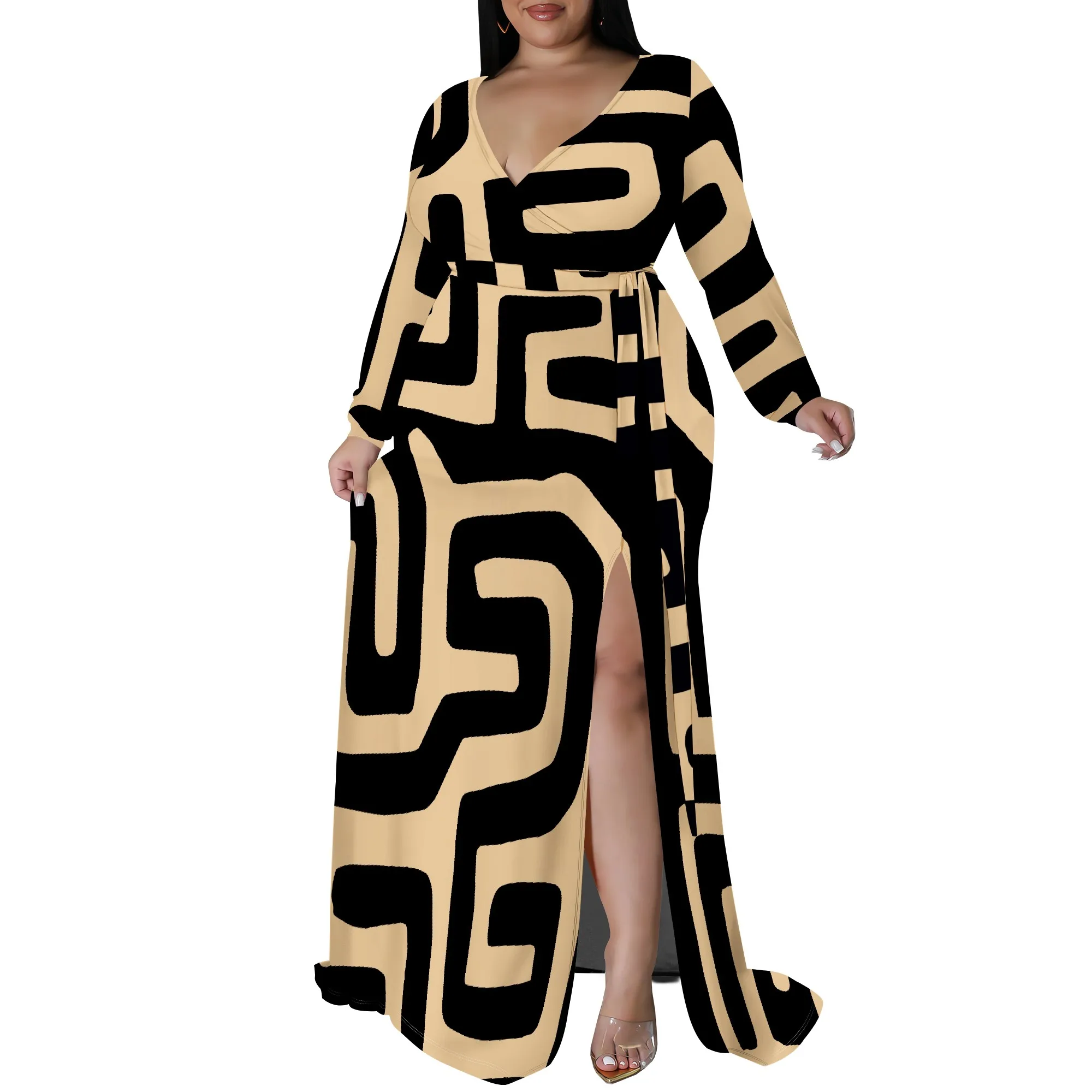 Plus Size Long Sleeve Geometric Abstract Wrap Dress for Women, Elegant Maxi Dress with Side Slit for Party