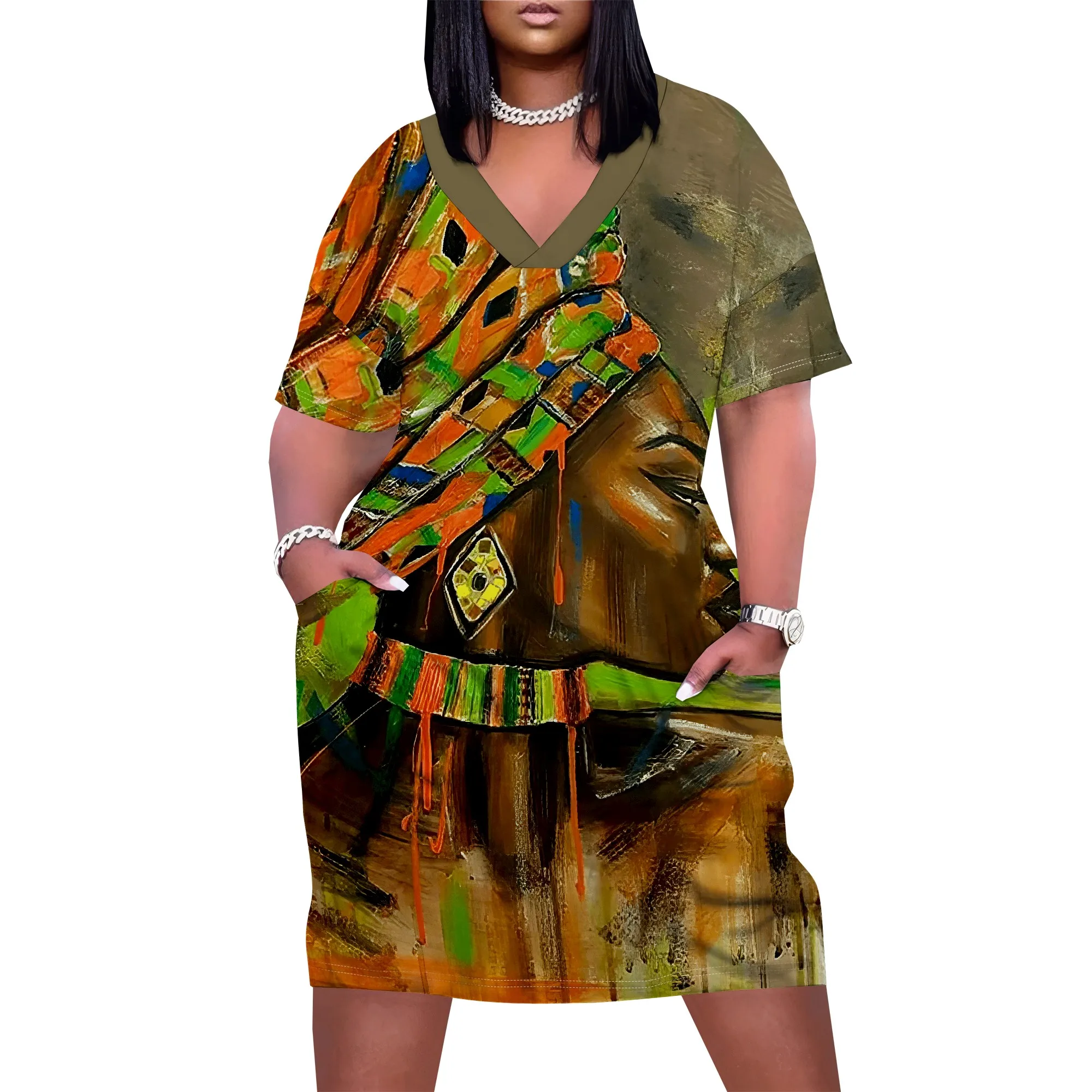 Plus Size African Art Print Dress for Women Ethnic V Neck Casual T Shirt Dress with Pockets Plus Size African Art Print Dress for Women Ethnic V Neck Casual T Shirt Dress with Pockets