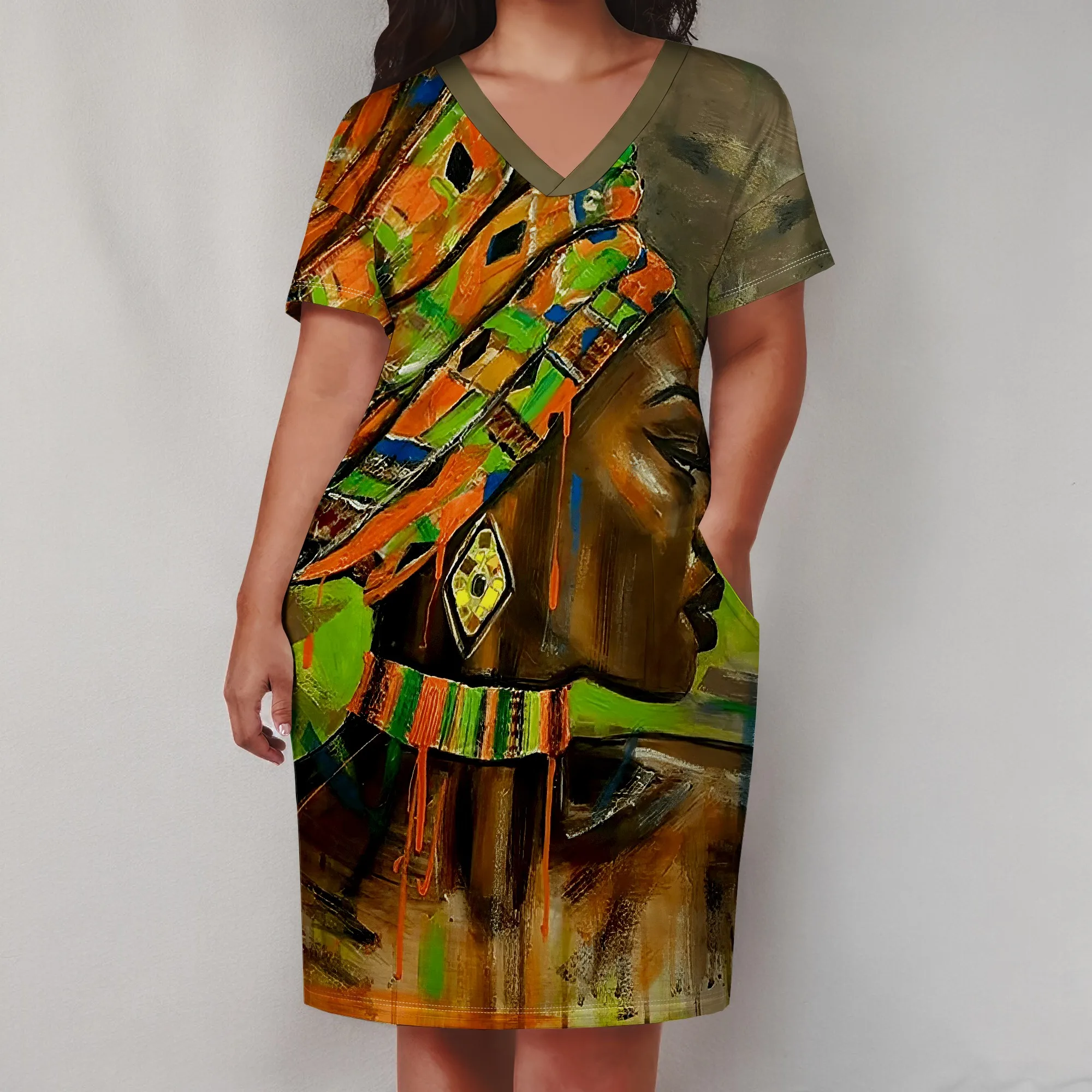 Plus Size African Art Print Dress for Women Ethnic V Neck Casual T Shirt Dress with Pockets Plus Size African Art Print Dress for Women Ethnic V Neck Casual T Shirt Dress with Pockets