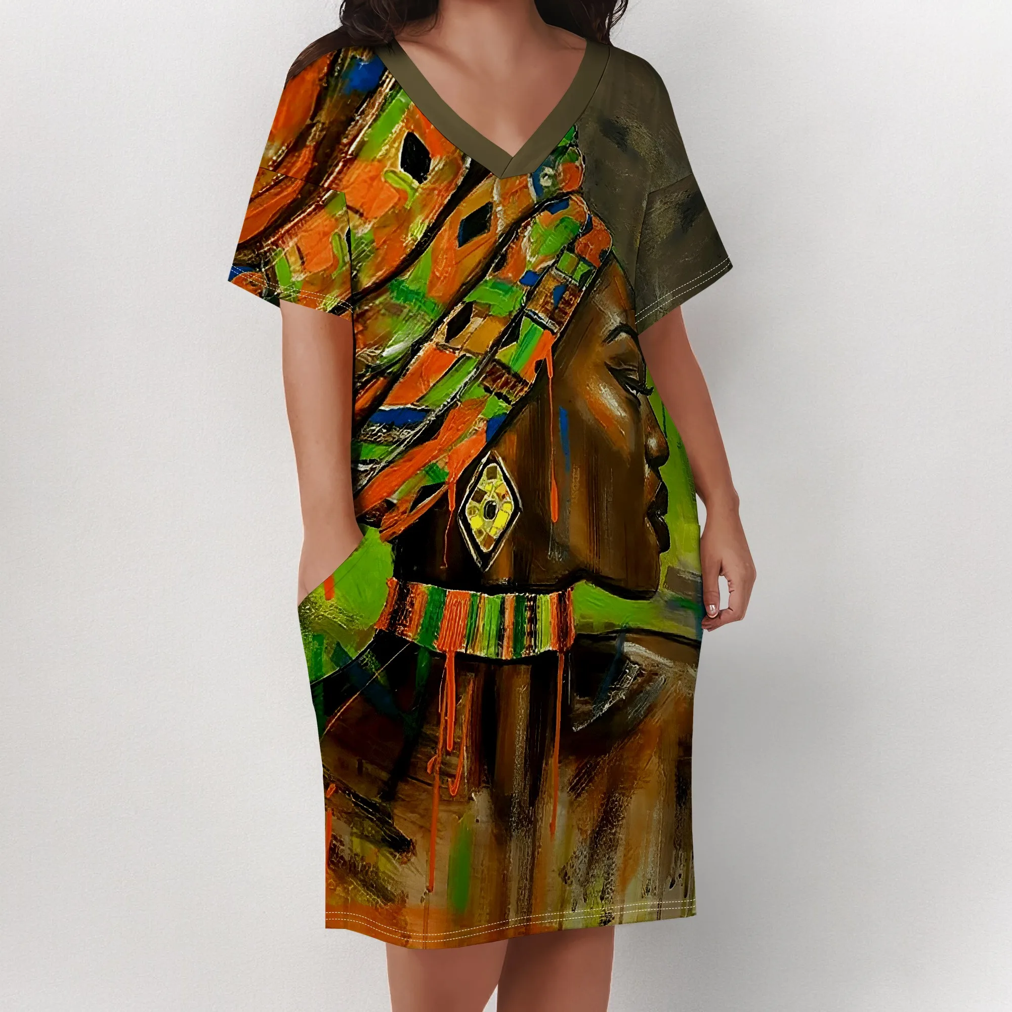 Plus Size African Art Print Dress for Women Ethnic V Neck Casual T Shirt Dress with Pockets Plus Size African Art Print Dress for Women Ethnic V Neck Casual T Shirt Dress with Pockets