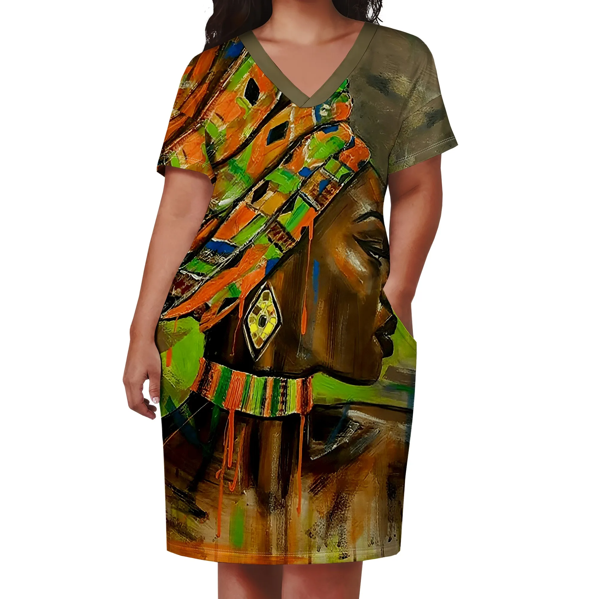 Plus Size African Art Print Dress for Women Ethnic V Neck Casual T Shirt Dress with Pockets Plus Size African Art Print Dress for Women Ethnic V Neck Casual T Shirt Dress with Pockets