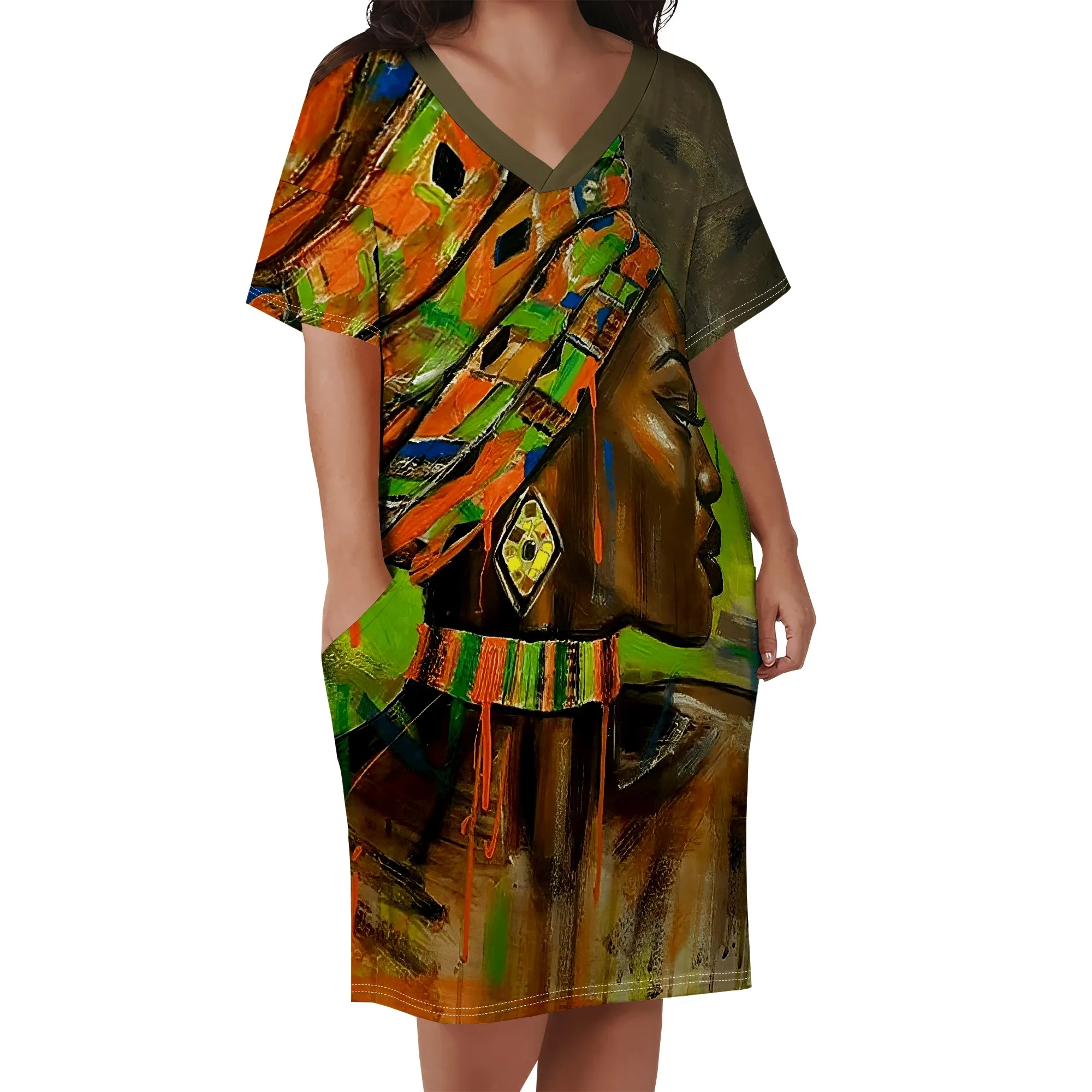 Plus Size African Art Print Dress for Women Ethnic V Neck Casual T Shirt Dress with Pockets Plus Size African Art Print Dress for Women Ethnic V Neck Casual T Shirt Dress with Pockets