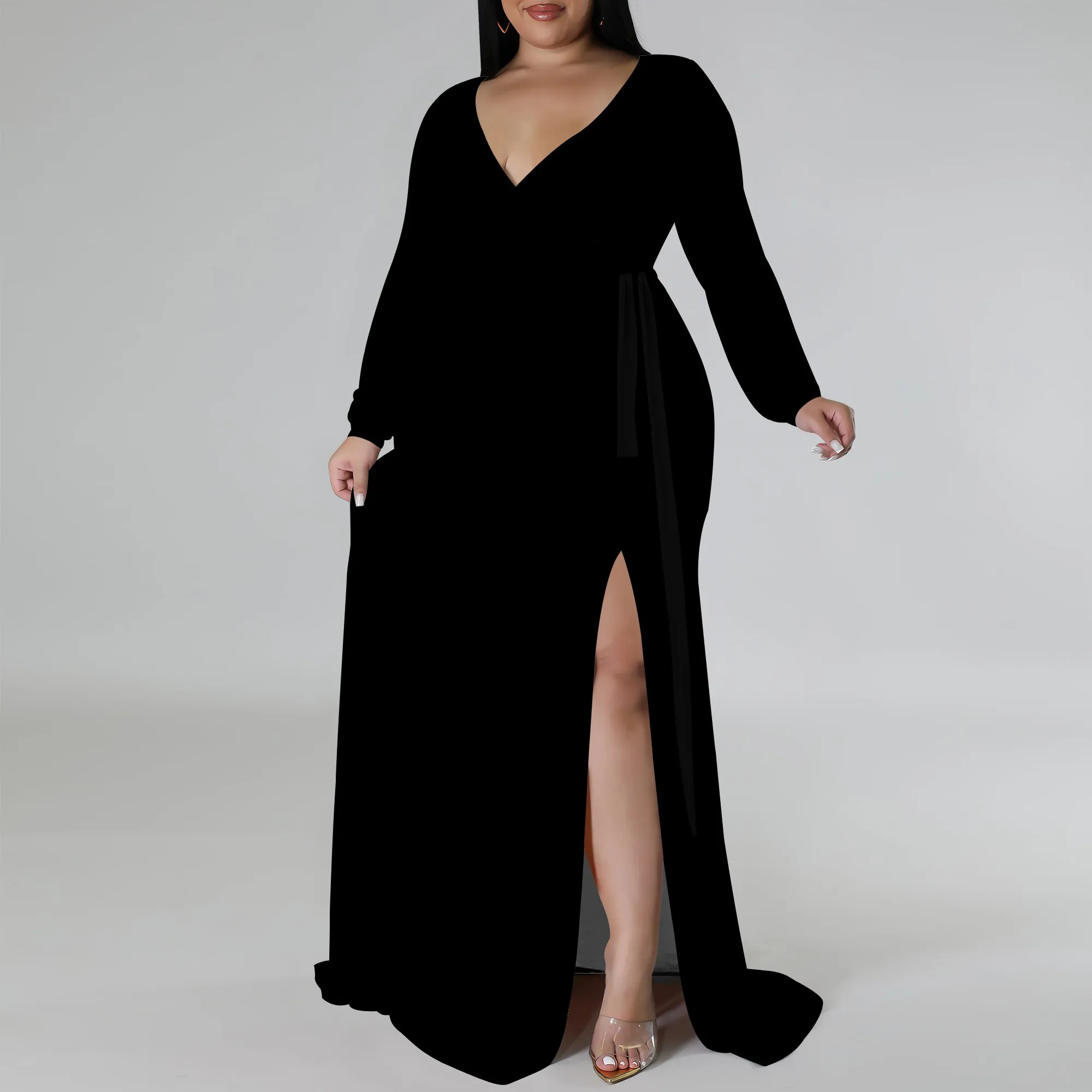Plus Size Long Sleeve Deep V Neck Maxi Dress with Side Slit, Elegant Evening Wear for Women