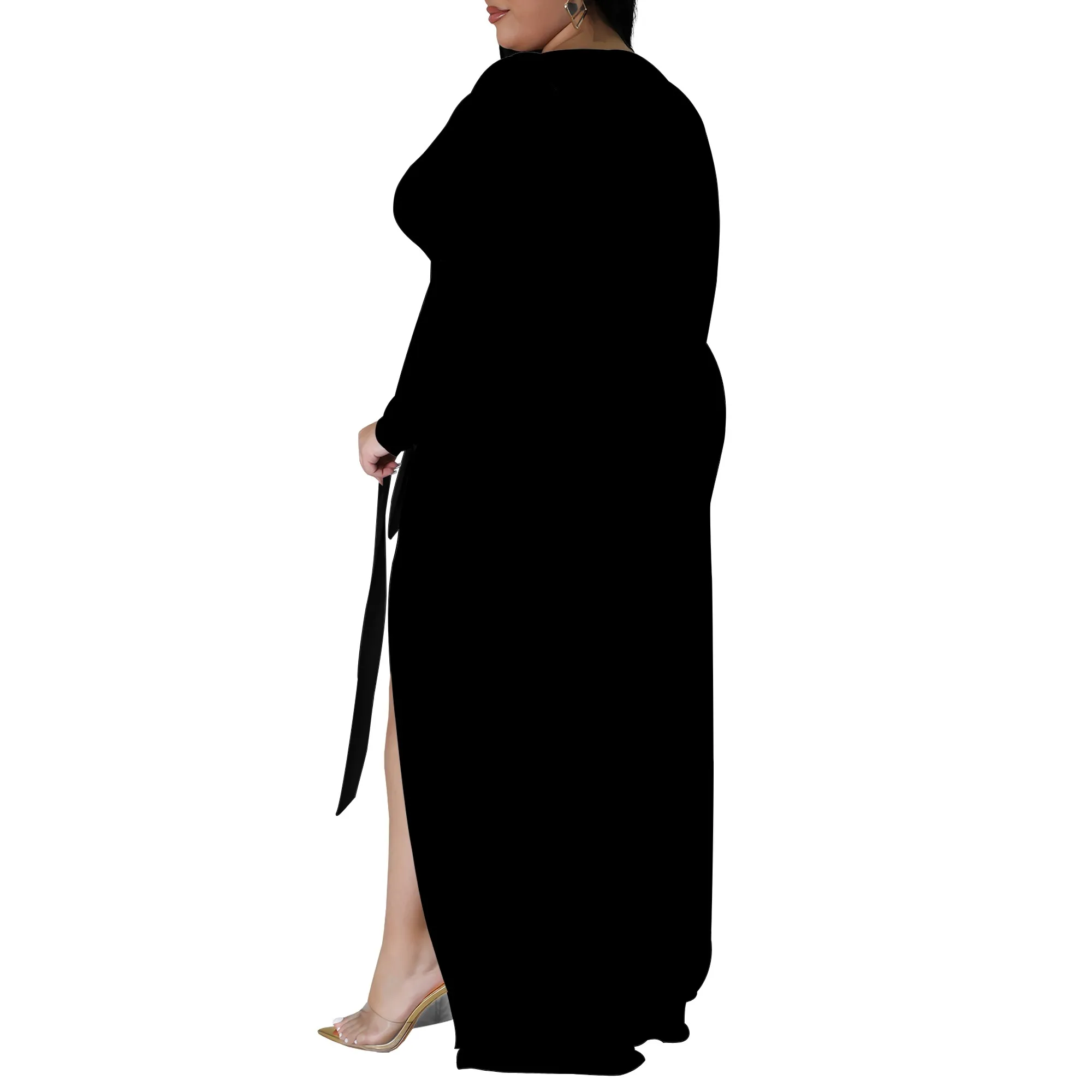 Plus Size Long Sleeve Deep V Neck Maxi Dress with Side Slit, Elegant Evening Wear for Women